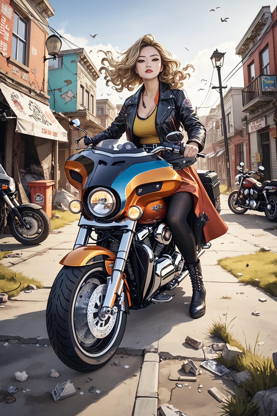 An artistic vision of a female adventurer surveying a small South Korean town. She is wearing a colorful outfit with a closely fitted jacket, warm skirt, black tights, and ankle boots with medium heels. She is driving a Harley-Davidson CVO Limited motorcycle. Fierce and confident expression, suggestive poses exuding seductive charm. Blonde hair styled into ringlets that framed the face. An abandoned town street, deserted, destroyed lamppost, rusty trashcan, grass, scattered parts of clothes, vibrant colors. Highly detailed. Cluttered maximalism. Close-up shot. Super wide angle, 