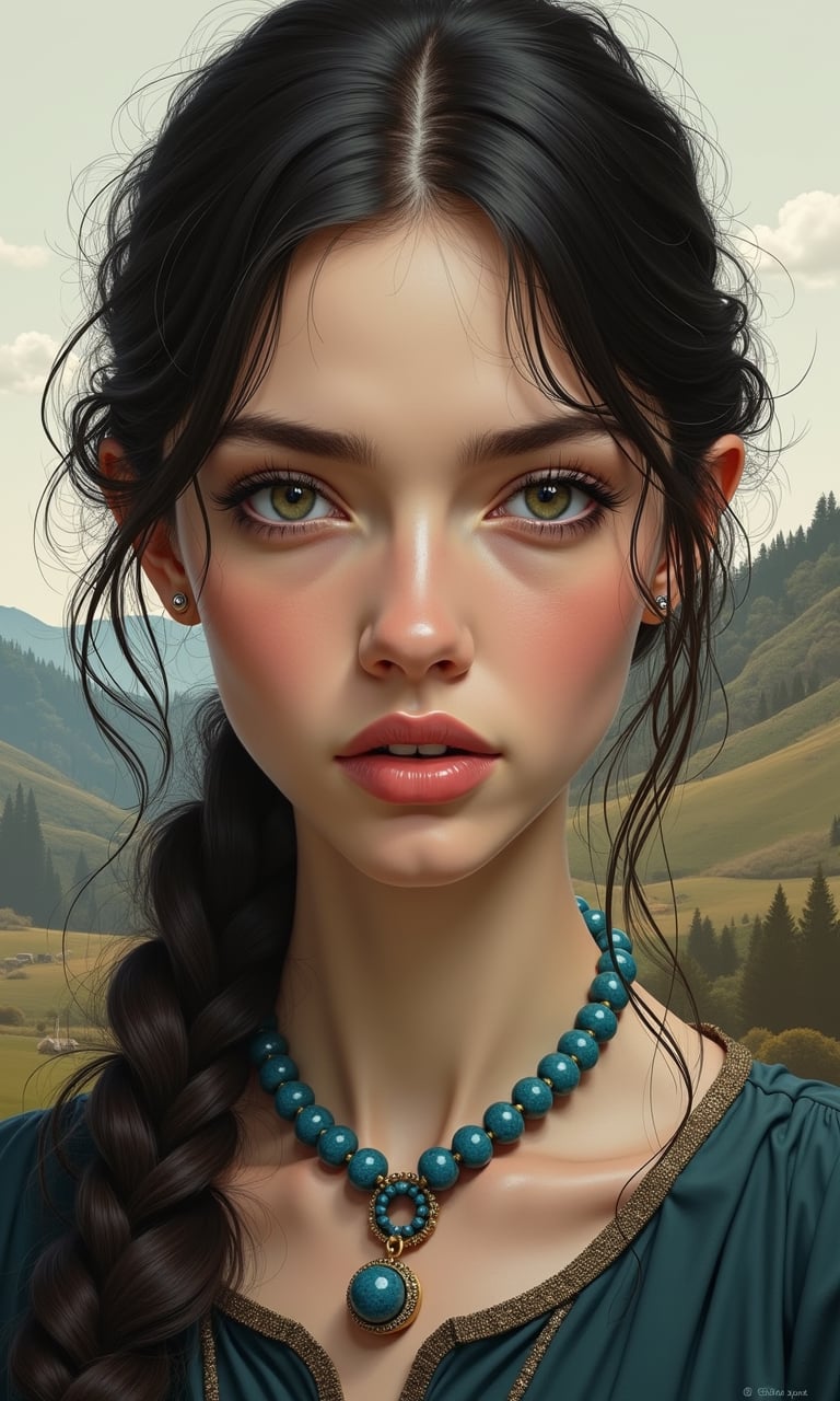 Portrait in digital art technique. The painting shows a woman in a bust, staring with hypnotizing eyes straight ahead at the viewer.  It is worth admiring the meticulousness with which the author depicted every detail of the character's hairstyle and outfit - especially the jewelry element of blue beads decorating the model's slender neck. The image captured the subtlety and sensitivity of the woman depicted. Meticulously reproduced facial features of a West Slavic woman. Protruding cheekbones were perfectly depicted by delicate strokes of the line. The characters' dark eyes give the impression of unusual depth of gaze. The woman's face and neck contrasted with a strongly outlined background depicting a harsh hilly landscape.