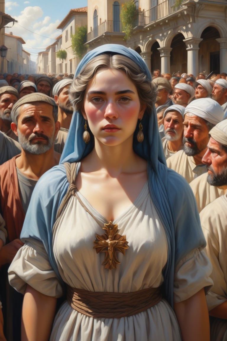 Painting in the style of Mannerism. A peasant woman and male craftsman standing among the crowd during a catholic procession. Sunlight, sense of awe-inspiring grandeur, compositional tension and instability, highly florid style, and intellectual sophistication. Soft lighting wraps around her face, accentuating every curve and crease. Wide angle. Cluttered maximalism. Mote Kei. Extremely high-resolution details. beautiful landscapes, hyperrealistic precision, and digital art techniques.,REALISTIC,ink. Split complementary color harmony.