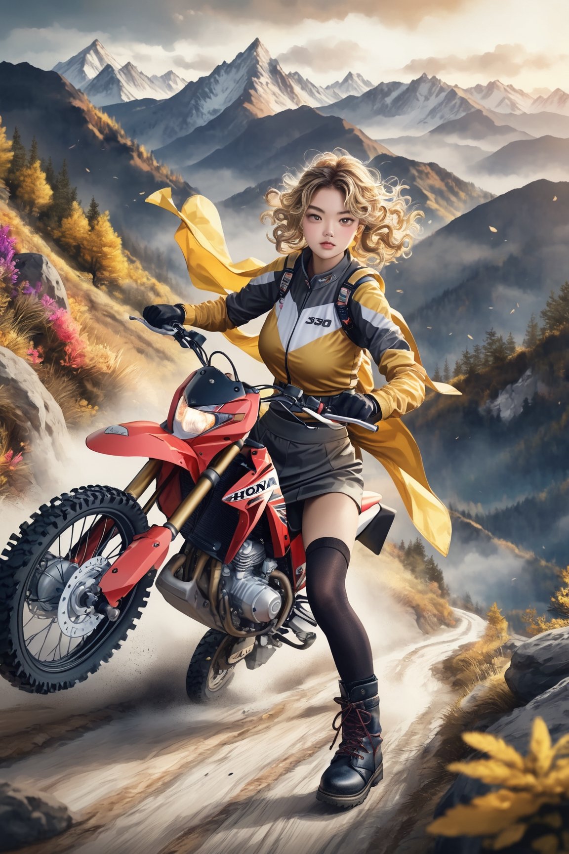 An artistic vision of a female adventurer wearing a closely fitted jacket, warm skirt, black tights, and ankle boots. She is driving her Honda CR250R on mountain path. Fierce and confident expression, suggestive poses exuding seductive charm. Blonde hair styled into ringlets that framed the face. Misty mountain peak, warm color palette, tranquil, soft focus, smooth gradients, digital painting, highly detailed, calming, positive energy flow, nature elements. vivid colors, vibrant colors. Highly detailed. Cluttered maximalism. Close-up shot. High angle. Super wide angle, 