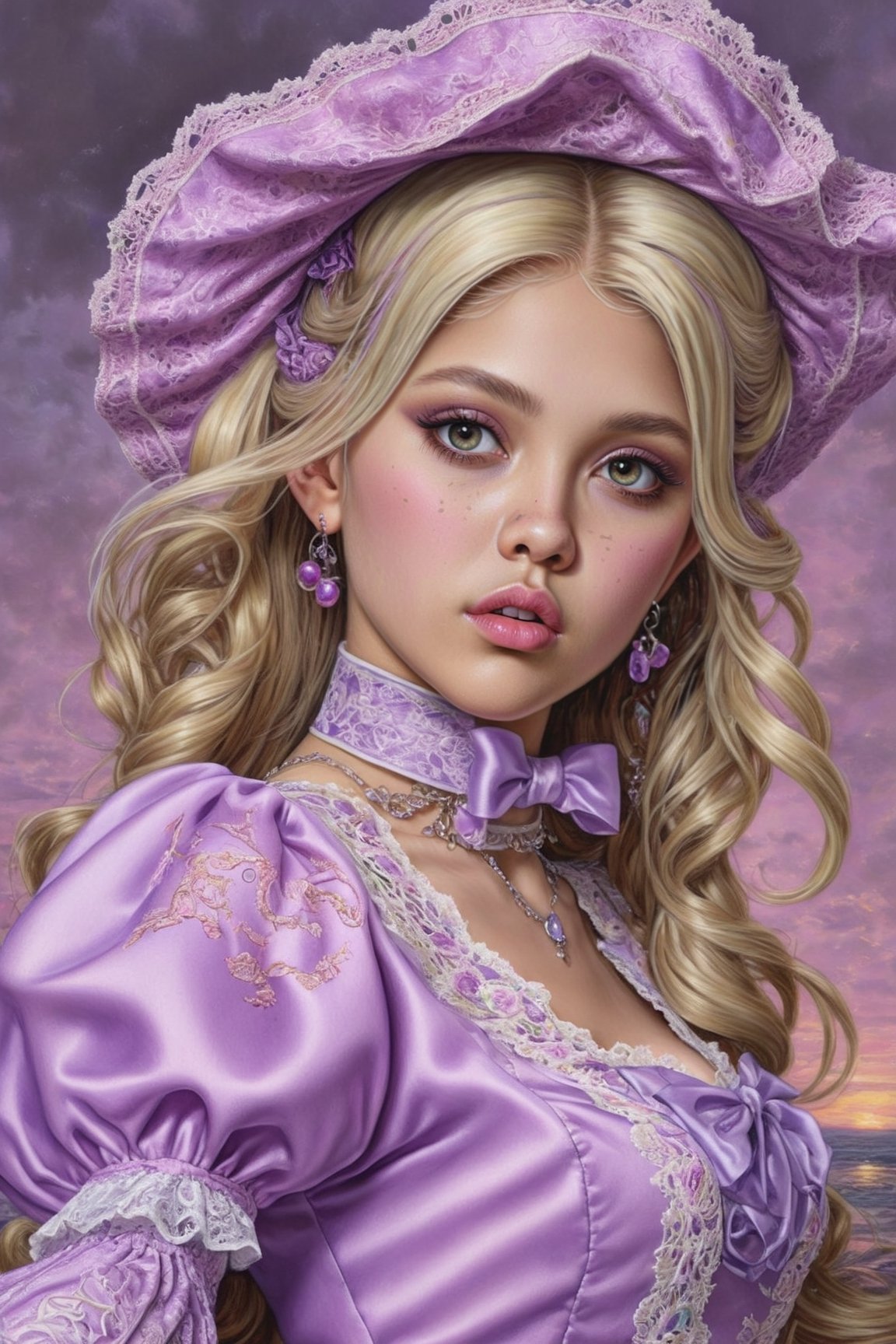 Hyperrealistic art young witch dressed in a lilac Gothic Lolita dress embroidered with pastel lace patterns driving Kawasaki KX250 motorcycle. Long blonde hair, wavy hair, slightly disheveled, hair between her eyes, witch hat. Moon. Golden rings. Extremely high-resolution details, photographic, realism pushed to extreme, fine texture, incredibly lifelike. Cluttered maximalism. High angle. Practical lighting. Masterpiece. ,lolita_dress, ani_booster, real_booster, art_booster