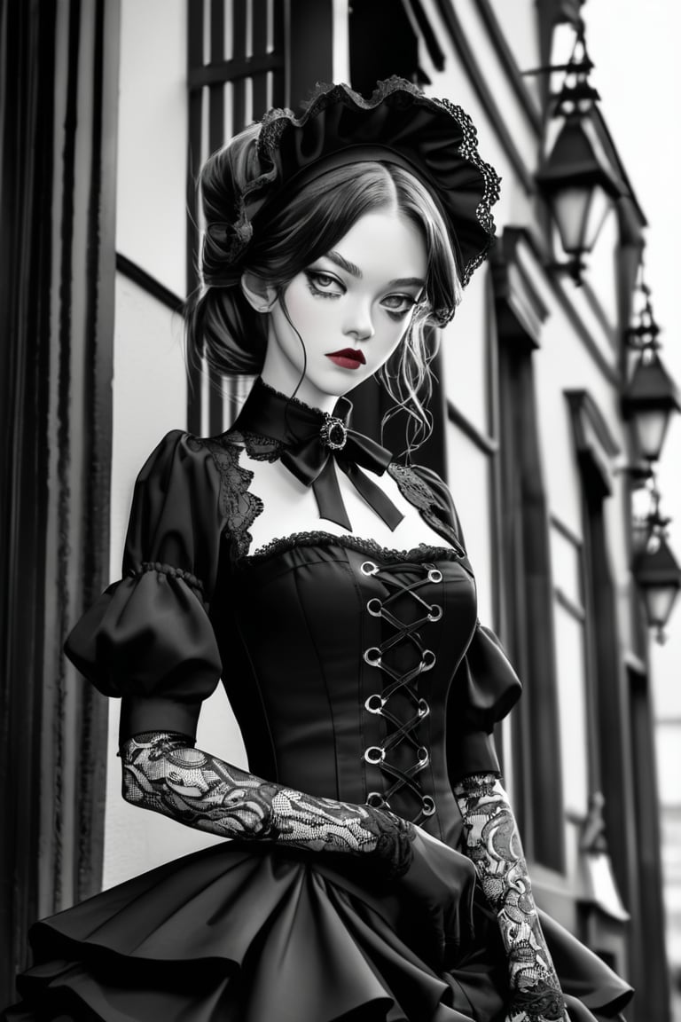 Street photography of the woman in a Gothic Lolita dress. She has a small face size, and a sharply defined jawline tapering to a pointed chin. Fair, unblemished skin smooth and clear and almost translucent. Lip color fades out toward the edge of the lips, creating a subtle, natural look. Natural makeup highlights flawless skin and creates the illusion of bigger eyes. A small pouch of skin under the eyes. The outfit consists of a layered skirt in red and black with lace trim, a black blouse with ruffled sleeves, and a corseted waist cincher in a contrasting color. She wears a matching headpiece with ribbons and lace, black gloves, and high-heeled Mary Jane shoes. The style is intricate and romantic, with a color palette that emphasizes the Gothic influence. The woman's expression is soft and contemplative, adding to the mysterious and refined atmosphere of the scene. Shot on Olympus OM20. Portrait lens. urban, minimalist, high-contrast, oblique view, chic individuals posing, tailored suits, statement accessories, luxurious fabrics, bold patterns, confidence, engaging with camera, fashion district, geometric architecture, dramatic spotlight, abstract, crisp edges,