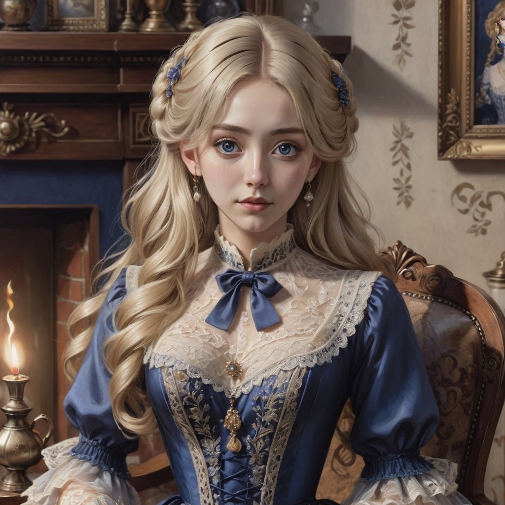 Hyperrealistic art young lady dressed in indigo Victorian dress embroidered with lace, tulle and gold and silver threads. Long blonde hair, wavy hair, slightly disheveled, and hair between her eyes. She is sitting on an armchair by a fireplace in her Victorian house. On the table stands a kettle, a cup, and a wine bottle. Kerosene lamp and candlestick. Extremely high-resolution details, photographic, realism pushed to extreme, fine texture, incredibly lifelike. Cluttered maximalism. Womancore. Dusk. High angle. Practical lighting. Masterpiece. ,lolita_dress,ani_booster,real_booster,Victorian ,kuchiki rukia