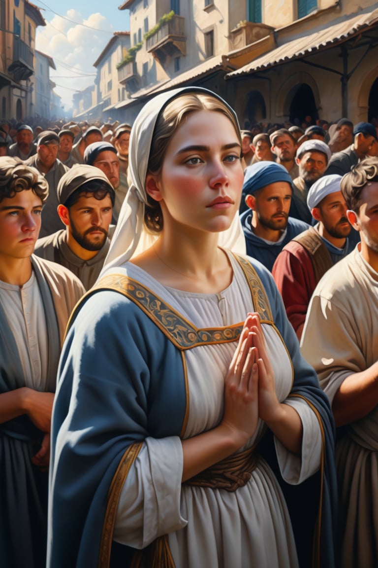 Painting in the style of Mannerism. A peasant woman and male craftsman standing among the crowd during a catholic procession. Sunlight, sense of awe-inspiring grandeur, compositional tension and instability, highly florid style, and intellectual sophistication. Soft lighting wraps around her face, accentuating every curve and crease. Wide angle. Cluttered maximalism. Mote Kei. Extremely high-resolution details. beautiful landscapes, hyperrealistic precision, and digital art techniques.,REALISTIC,ink. Split complementary color harmony.