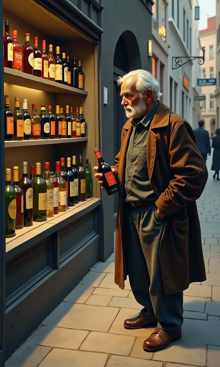 An old homeless person holding a bottle of wine standing next to the liquor store. A Cubist scene where human figures and objects are transformed into sharp geometric fragments. Each element is viewed from multiple angles at once, deconstructing the entire scene into non-linear, angular forms. Collage of intersecting planes and sharp contrasts. Highly complex, multi-dimensional composition that rejects traditional depth and realism, and emphasizes the chaotic yet calculated nature of high Cubism, Futurism and Purism.