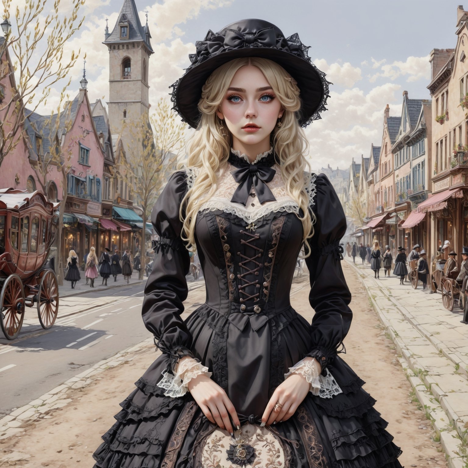 Hyperrealistic art young witch dressed in an willow Gothic Lolita dress embroidered with pastel lace patterns. Long blonde hair, wavy hair, slightly disheveled, and hair between her eyes, witch hat She is standing by a stagecoach in a town in the wild west. French nails. Extremely high-resolution details, photographic, realism pushed to extreme, fine texture, incredibly lifelike. Cluttered maximalism. Womancore. Dusk. High angle. Practical lighting. Masterpiece. ,lolita_dress,ani_booster,real_booster,Victorian