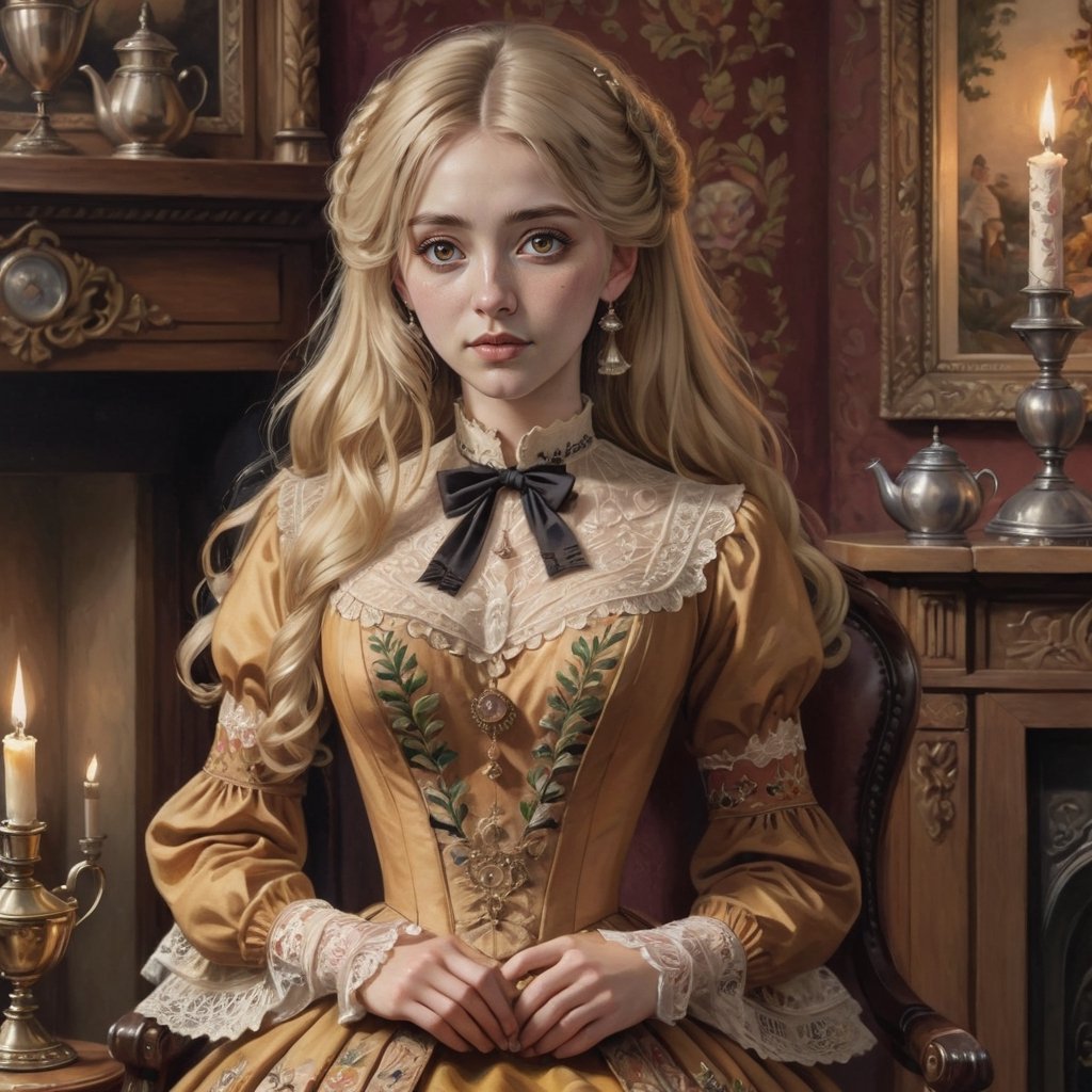 Hyperrealistic art young lady dressed in an ochre Victorian dress embroidered with foliage and vines patterns. Long blonde hair, wavy hair, slightly disheveled, and hair between her eyes. She is sitting on an armchair by a fireplace in her Victorian house. On the table stands a kettle, a cup, and a wine bottle. Kerosene lamp and candlestick. Extremely high-resolution details, photographic, realism pushed to extreme, fine texture, incredibly lifelike. Cluttered maximalism. Womancore. Dusk. High angle. Practical lighting. Masterpiece. ,lolita_dress,ani_booster,real_booster,Victorian