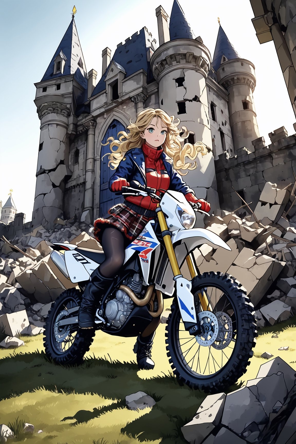 An artistic vision of a female adventurer surveying a castle ruins. She is wearing a warm outfit with a closely fitted jacket, warm woolen skirt, black tights, and ankle boots. She is driving a Suzuki RM-Z450 motorcycle. Fierce and confident expression, suggestive poses exuding seductive charm. Blonde hair styled into ringlets that framed the face. An abandoned castle, deserted, destroyed sculptures, reliefs on walls, grass, scattered rubble, vibrant colors. Highly detailed. Cluttered maximalism. Close-up shot. Super wide angle, 