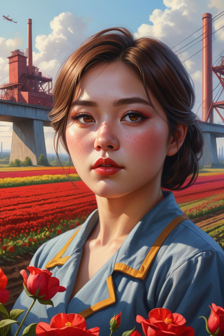 Painting in the style of socialist realism, beautiful landscapes, hyperrealistic precision, and digital art techniques. A collective farm woman and factory worker look at the horizon. Flowers, sunlight, the body, youth, flight, industry, and new technology. The illustration shows the utopianism of communism and the Soviet state. High nose bridge, doe eyes, sharp jawline, plump lips, healthy skin, k-pop makeup. Soft lighting wraps around her face, accentuating every curve and crease. Wide angle. Cluttered maximalism. Mote Kei. Extremely high-resolution details.,REALISTIC