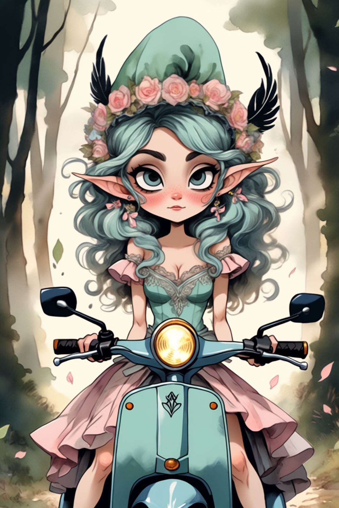 A caricature of an ethereal and skinny elf lady sitting on a Yamaha Aerox scooter driving through a forest. Beautiful hands, long fingers. The bodice of her 17c dress is stiff, boned, and closely fitted to the body to create a slender waist. Sleeves are full and puffed at the shoulder, narrowing towards the wrist. The skirt is elaborately embellished with embroidery, lace, and ribbons. Hair is styled high on the head, over a padded roll or frame, and is adorned with jewels and feathers. A small, delicate lace cap is worn, and hair is curled or frizzed around the face. Highly detailed. Cluttered maximalism, Pastel colors. Digital artwork, illustrative. Low-key lighting. Super wide angle, High angle.,