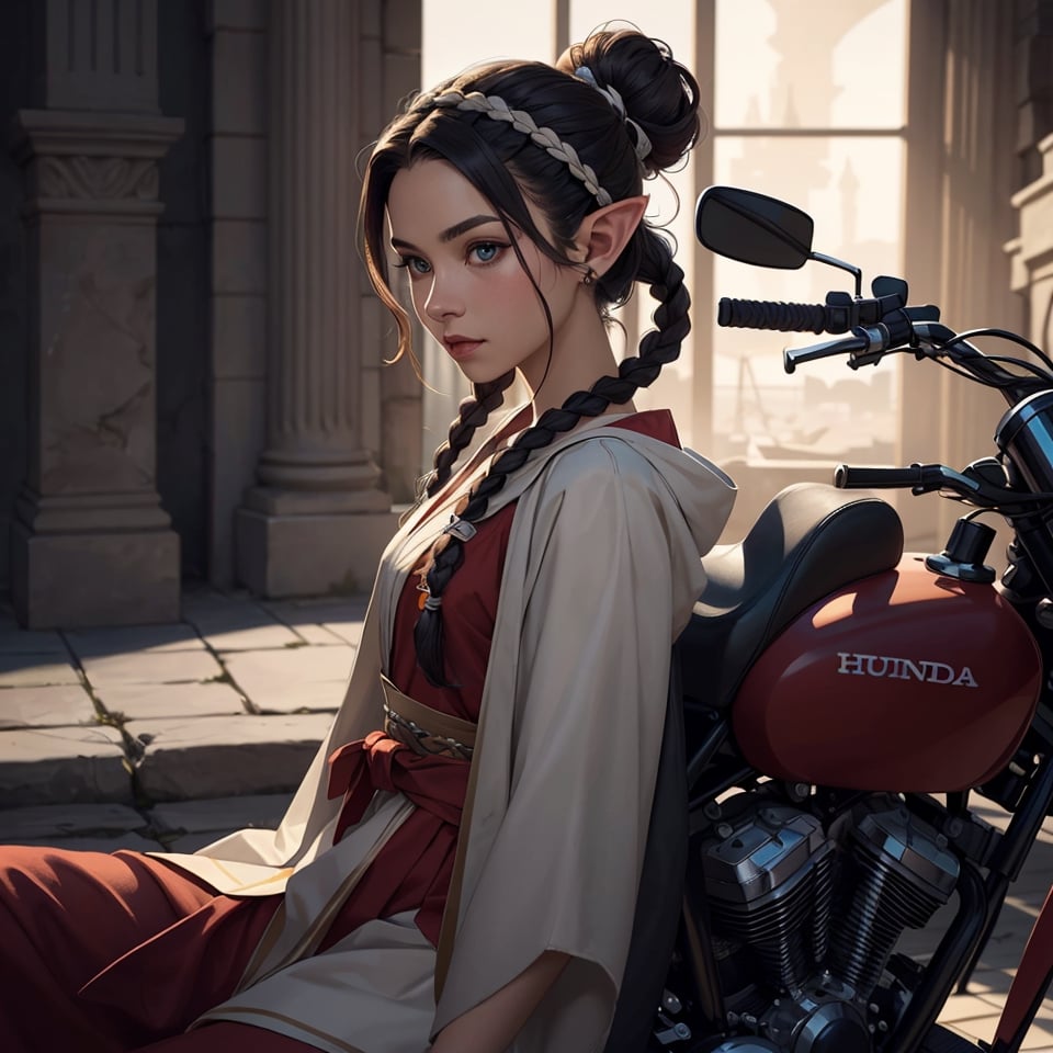 An artistic vision of an ethereal and skinny elf lady dressed in ancient greek robe, sitting on a Honda NM4 Vultus motorcycle. Her hair is pulled back from the forehead and sides of the face, tied with a ribbon, and then fastened at the back of the head. Hairstyle involving braids or twists that coiled or looped into a bun. The hair is adorned with accessories, such as hairpins, ribbons, or a diadem. Digital artwork, illustrative, painterly, matte painting, Highly detailed. Cluttered maximalism. Low-key lighting. High angle. Close-up shot.