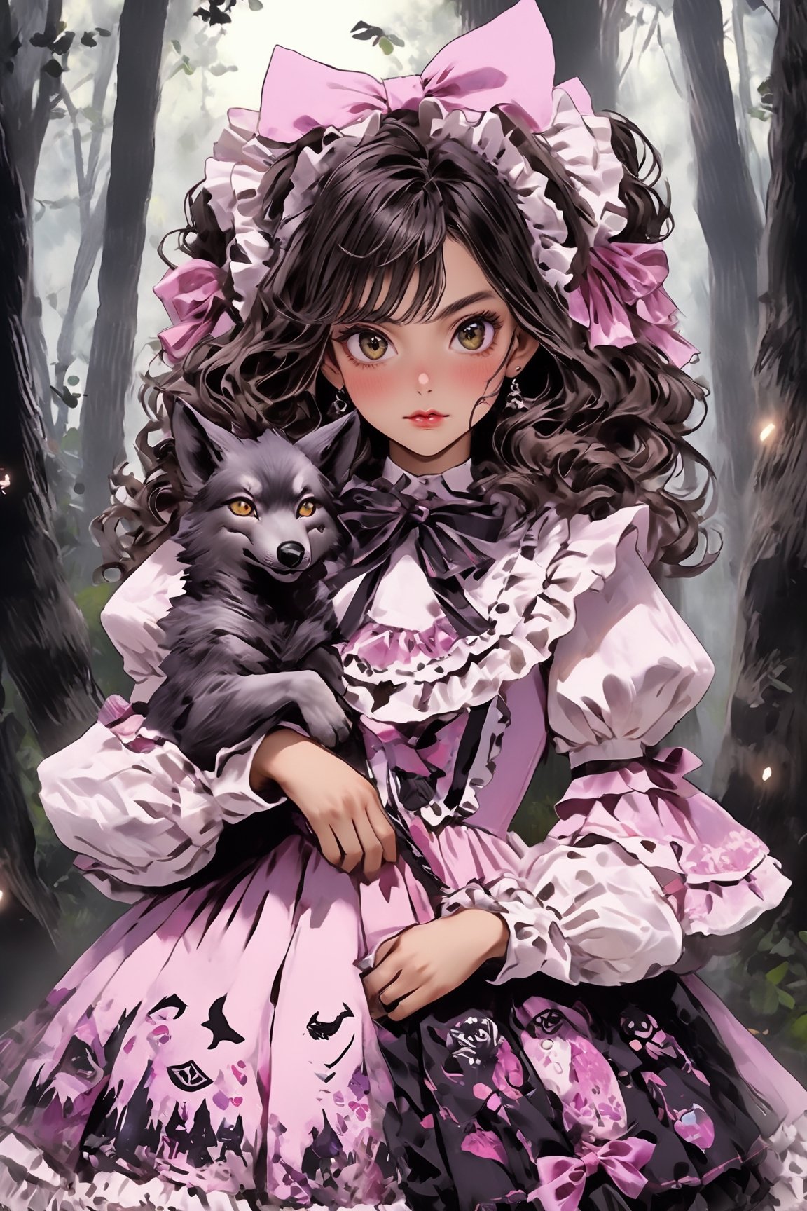 An artistic vision of a witch dressed in sweet Lolita attire. She holds a wolf skin slung over her shoulder. Half smile. Wink at the camera. Dark forest. Disheveled hair. Close-up shot. Cluttered maximalism. Low-key lighting. High angle. Photorealistic. Atmosphere of fear and anxiety. ani_booster,real_booster