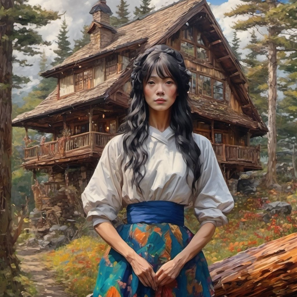 Painting in the style of prismatic portraits, beautiful landscapes, hyperrealistic precision, digital art techniques, impressionist: dappled light, bold, colorful portraits, wide angle. A witch in a wolfskin dress is standing in a forest next to an enormous log house. Satellite antenna no the roof. Long black hair, intricate hairstyle, bonnet. Cluttered maximalism. Womancore. Mote kei. Extremely high-resolution details, photographic, realism pushed to extreme, fine texture, incredibly lifelike.,REALISTIC,japanese art