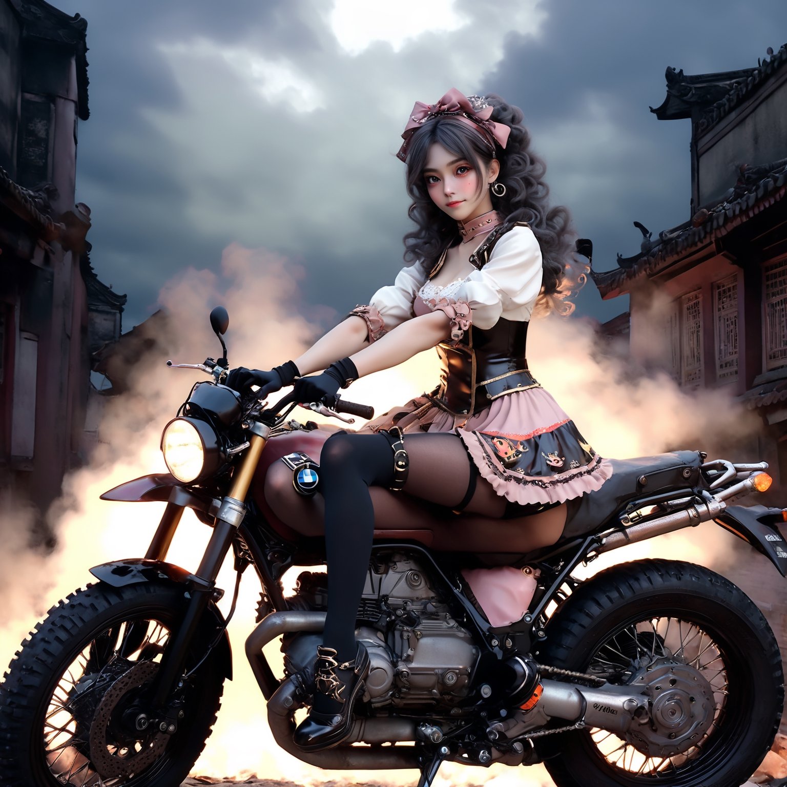 Hyperrealistic vision of an alluring and hot witch dressed in Hime Lolita attire sitting on her BMW R80GS motorcycle. Black tights. Knee pads. Gloves. Half smile. Disheveled hair. Cluttered maximalism. Low-key lighting. High angle. Haunting atmosphere.  High-resolution details, realism pushed to extreme, fine texture, incredibly lifelike. ani_booster,real_booster,photo_b00ster,gugong
