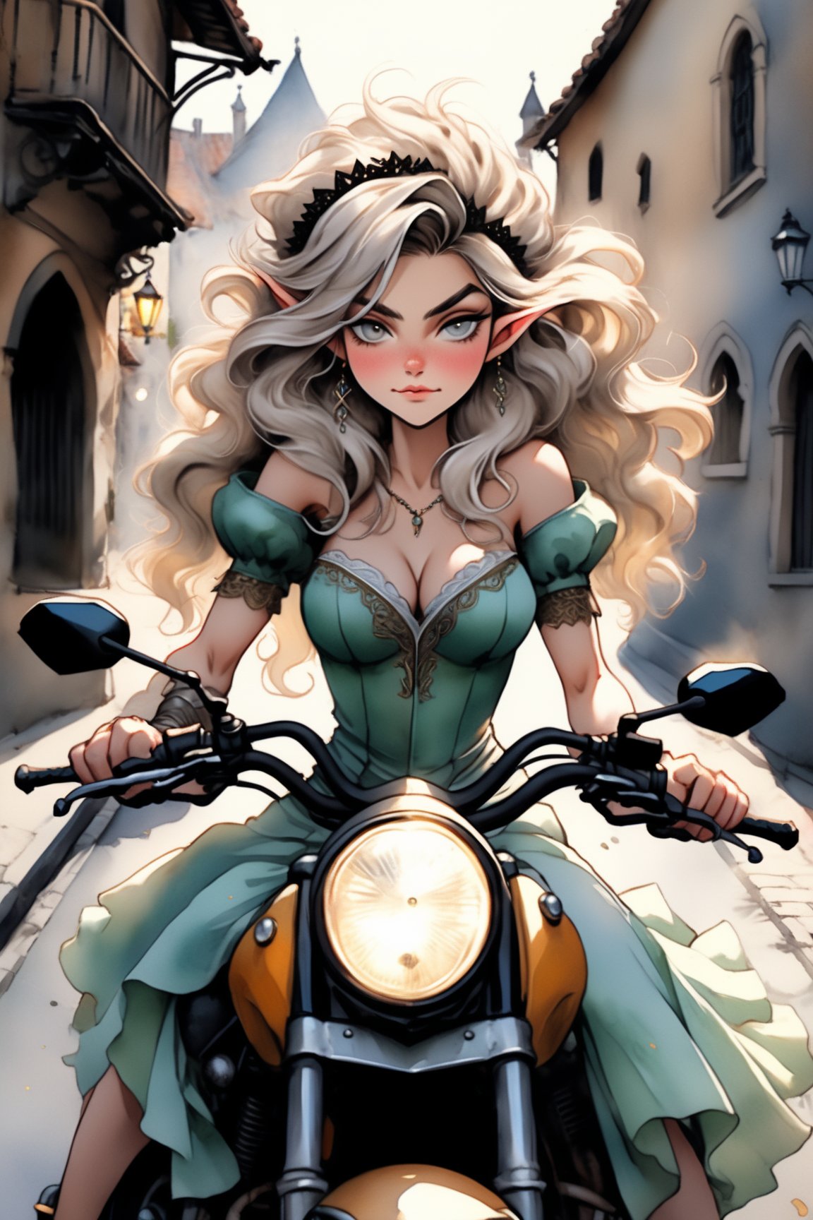 A caricature of an ethereal and skinny elf lady sitting on a Yamaha MT-15 motorcycle cutting a corner of a medieval city street. Beautiful hands, long fingers. The bodice of her 17c dress is stiff, boned, and closely fitted to the body to create a slender waist. Sleeves are full and puffed at the shoulder, narrowing towards the wrist. The skirt is elaborately embellished with embroidery, lace, and ribbons. Hair is styled high on the head, over a padded roll or frame, and is adorned with jewels and feathers. A small, delicate lace cap is worn, and hair is curled or frizzed around the face. Highly detailed. Cluttered maximalism, Pastel colors. Digital artwork, illustrative. Low-key lighting. Super wide angle, High angle.,