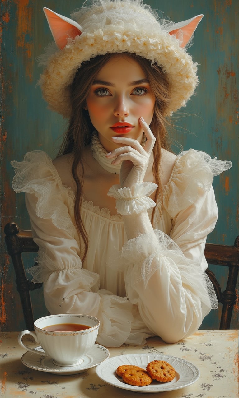 Portraiture of a ethereal female elf dressed in a sweet Lolita style with a beautiful hat and white gloves sitting behind a a table with a cup of tea and a plate with cookies. A dreamlike atmosphere, and softness. Brilliant acrylic paintings in a high-detailed, enigmatic, and whimsical style of Art Nouveau. Acrylic paint, dreamy mood, sharp studio focus, intricate details, cluttered maximalism, high definition, ultra-detailed, clear, Masterpiece,ek_art_b00ster