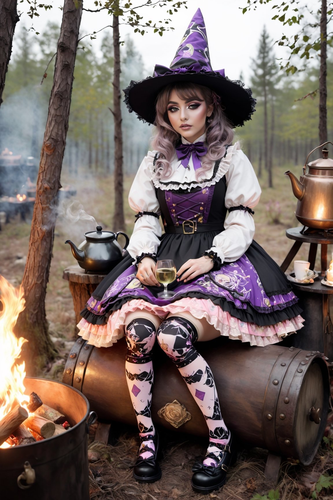 An artistic vision of a witch dressed in sweet Lolita attire sits on a trunk next to a campfire. Witch hat, arm warmers, tights with floral pattern. She drinks white wine. Next to her stands small table with kettle, bottles and cup. Half smile. Dark forest. Disheveled hair. Close-up shot. Cluttered maximalism. Low-key lighting. High angle. Photorealistic. Haunting and ominuous atmosphere. ani_booster,real_booster,Magical Fantasy style