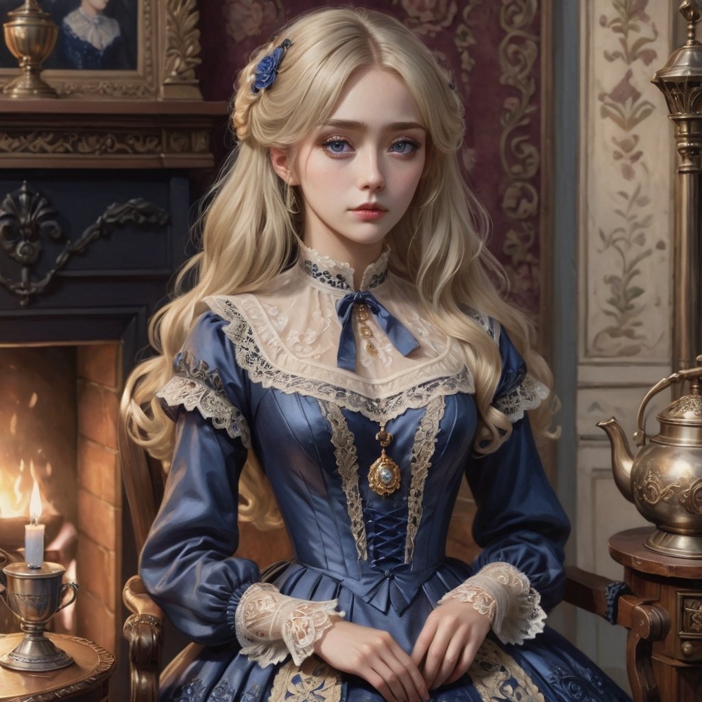 Hyperrealistic art young lady dressed in indigo Victorian dress embroidered with lace, tulle and gold and silver threads. Long blonde hair, wavy hair, slightly disheveled, and hair between her eyes. She is sitting on an armchair by a fireplace in her Victorian house. On the table stands a kettle, a cup, and a wine bottle. Kerosene lamp and candlestick. Extremely high-resolution details, photographic, realism pushed to extreme, fine texture, incredibly lifelike. Cluttered maximalism. Womancore. Dusk. High angle. Practical lighting. Masterpiece. ,lolita_dress,ani_booster,real_booster,Victorian ,kuchiki rukia