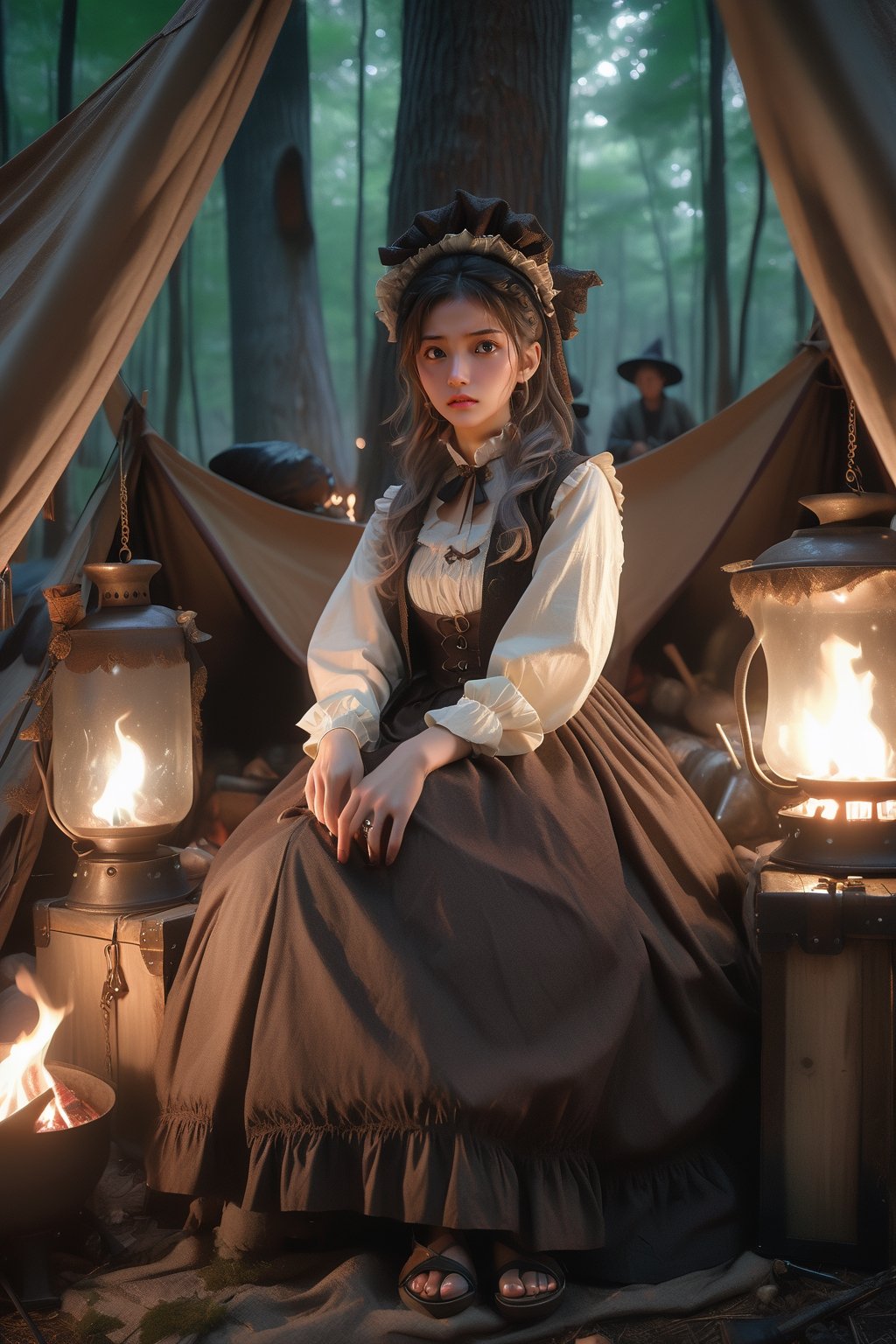 A young witch dressed in ornate brown gothic lolita attire sits on a trunk in a bivouac by a 1campfire in the middle of the forest. Behind her stands a tent and lies her travel bags. Cluttered maximalism. Haunting atmosphere. Intricately detailed. Mood lighting. High angle. Masterpiece. Womancore. Full-body shot. Highly detailed. 64k,  Ultra dynamic range,  HD,more detail XL,style,Korean,sad