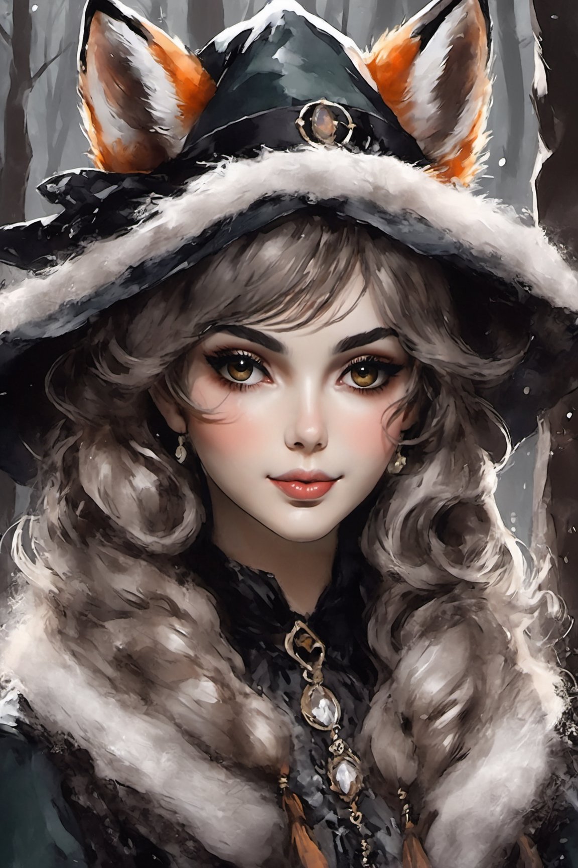 An abstract style artistic vision of a witch dressed in winter gothic Lolita attire with fox fur scarf. Half smile. Dark forest. Disheveled hair. Close-up shot. Cluttered maximalism. Low-key lighting. Photorealistic. High angle. Non-representational, colors and shapes, expression of feelings, imaginative, highly detailed ani_booster,real_booster,Girl