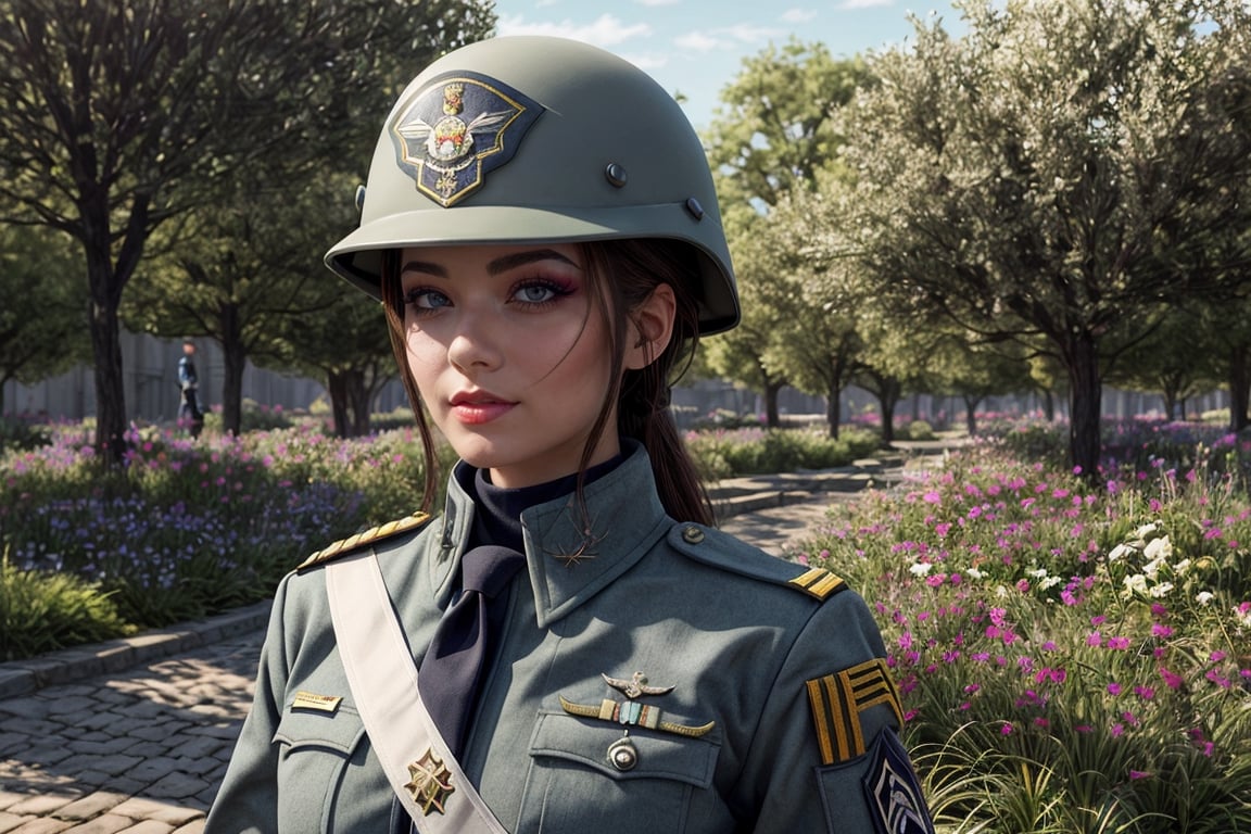 A digital illustration of a young woman in a stylized military uniform. She wears a dark grey helmet with a unique insignia on the side, a grey jacket with green and gold shoulder boards, and a white decoration hanging from her neck. Her gaze is directed off to the side, giving her a contemplative expression. The background suggests a serene outdoor setting, with soft focus on greenery and flowers that provide a peaceful contrast to the military attire. The illustration blends realism with a hint of anime influence, evident in the stylized features of the woman and the vibrant colors of her uniform. Cluttered maximalism, 64k, UDR, HDR, and highly detailed.