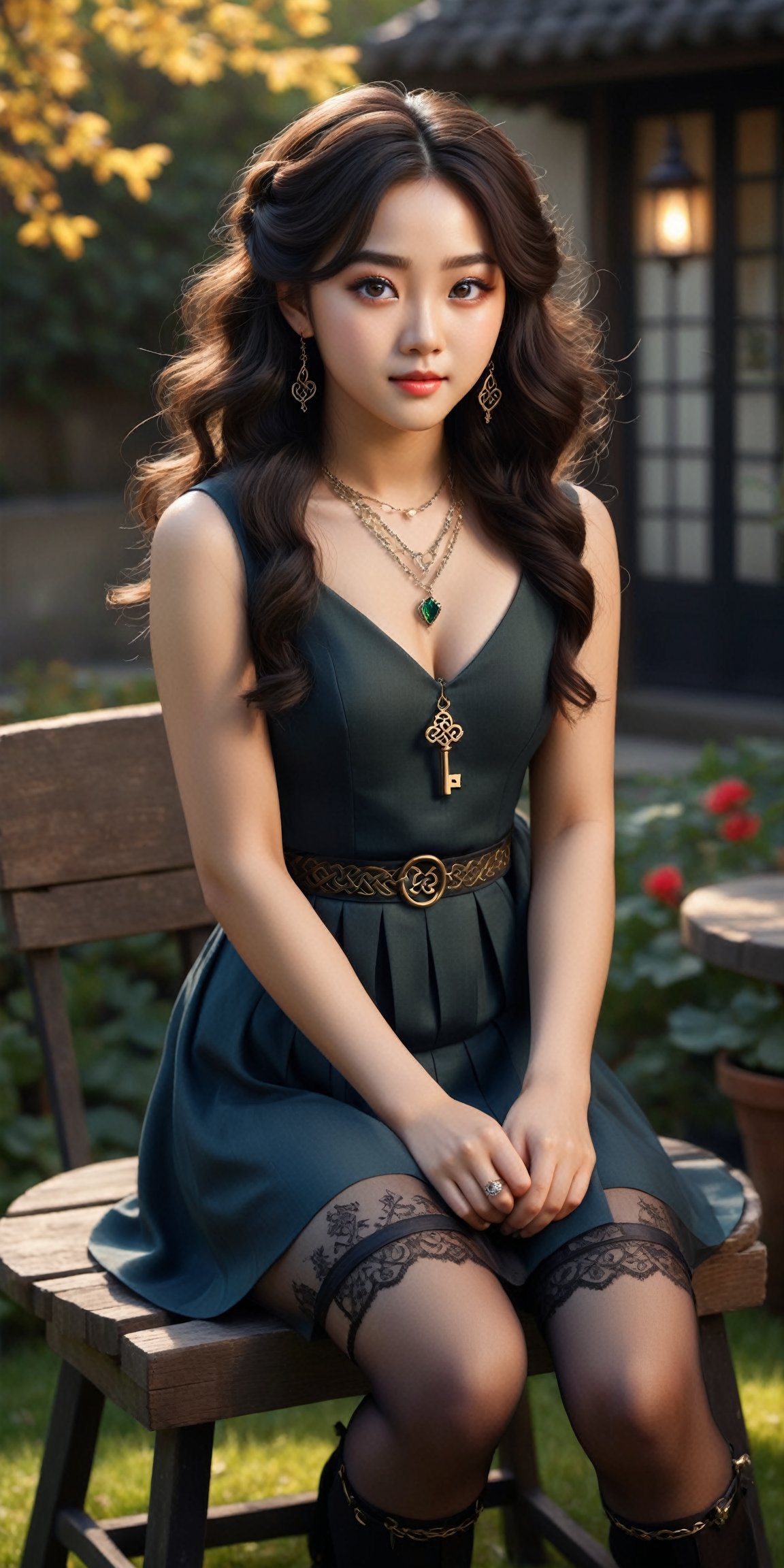 Pictorialist style photograph of a beautiful 21-year-old Korean woman with a perfect face, big eyes, and big cleavage sitting in the garden on a small stool. Very sensual, mocking smile, smokey eyes makeup style, incredibly pretty, highly detailed features, highest quality, highly detailed skin, smooth thighs, long hair, fine curly style hair, big blue eyes, perfect eyes, detailed eyes, detailed pupils, shy smile, black hair, Argyle Long Dress, black sheer tights, ankle strap heels. Celtic jewelry, necklace with a key. morning sunlight, sharp focus, 8k resolution, 100% erotism. Masterpiece. Highly detailed. Cluttered maximalism. Rembrandt lighting. High angle. Wide angle. Full body shot. REALISTIC