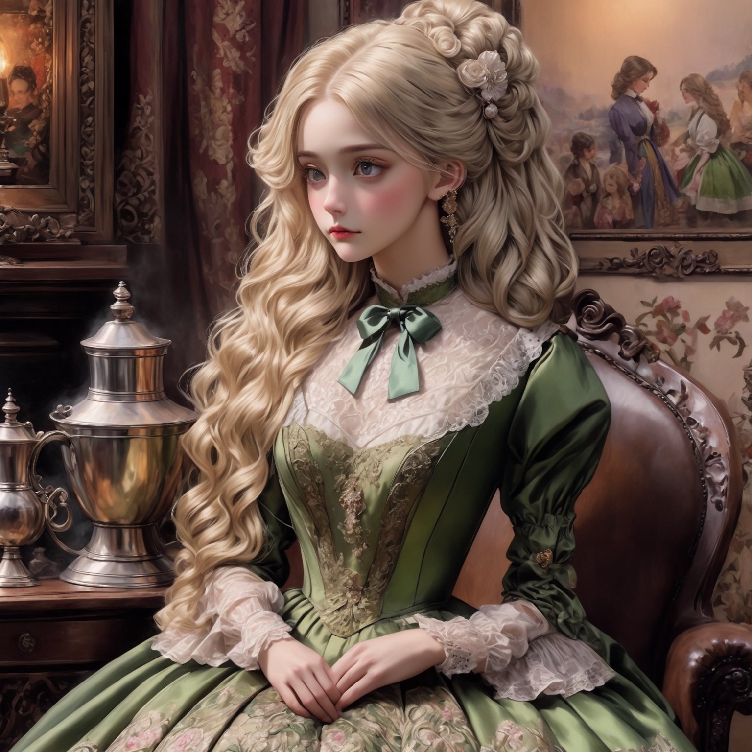 Hyperrealistic art young lady dressed in green Victorian dress embroidered with animals and birds made with gold and silver threads. Long blonde hair, wavy hair, slightly disheveled, and hair between her eyes. She is sitting on an armchair by a fireplace in her Victorian house. On the table stands a kettle, a cup, and a wine bottle. Kerosene lamp and candlestick. Extremely high-resolution details, photographic, realism pushed to extreme, fine texture, incredibly lifelike. Cluttered maximalism. Womancore. Dusk. High angle. Practical lighting. Masterpiece. ,lolita_dress,ani_booster,real_booster,Victorian 