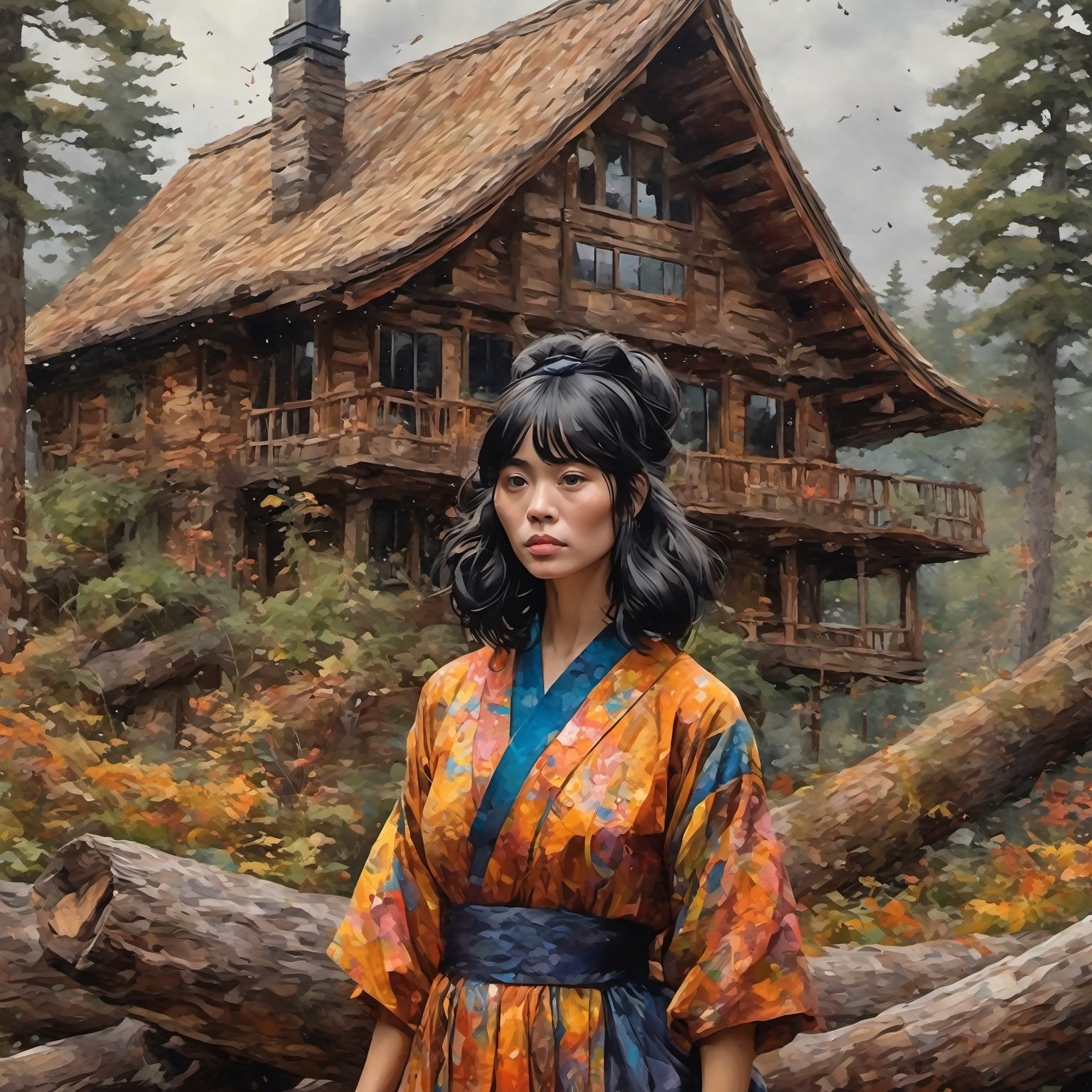 Painting in the style of prismatic portraits, beautiful landscapes, hyperrealistic precision, digital art techniques, impressionist: dappled light, bold, colorful portraits, wide angle. A witch in a wolfskin dress is standing in a forest next to an enormous log house. Satellite antenna no the roof. Long black hair, intricate hairstyle, bonnet. Cluttered maximalism. Womancore. Mote kei. Extremely high-resolution details, photographic, realism pushed to extreme, fine texture, incredibly lifelike.,REALISTIC,japanese art