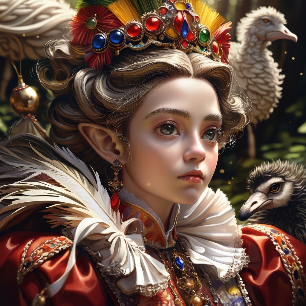 An artistic vision of an ethereal and frail elf lady dressed in the late 17th century Spanish courtly clothes standing in the forest. Photorealistic. Highly detailed. Cluttered maximalism. Low-key lighting. Rim light. High angle. Close-up shot. ,real_booster