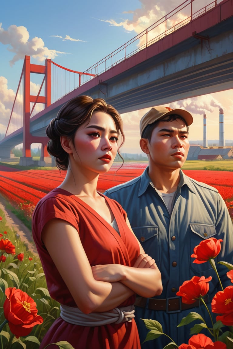 Painting in the style of socialist realism.  A collective farm woman and male factory worker point their fingers at the horizon. Flowers, sunlight, the body, youth, flight, industry, and new technology. The illustration shows the utopianism of communism and the Soviet state. High nose bridge, doe eyes, sharp jawline, plump lips, healthy skin, k-pop makeup. Soft lighting wraps around her face, accentuating every curve and crease. Wide angle. Cluttered maximalism. Mote Kei. Extremely high-resolution details. beautiful landscapes, hyperrealistic precision, and digital art techniques.,REALISTIC