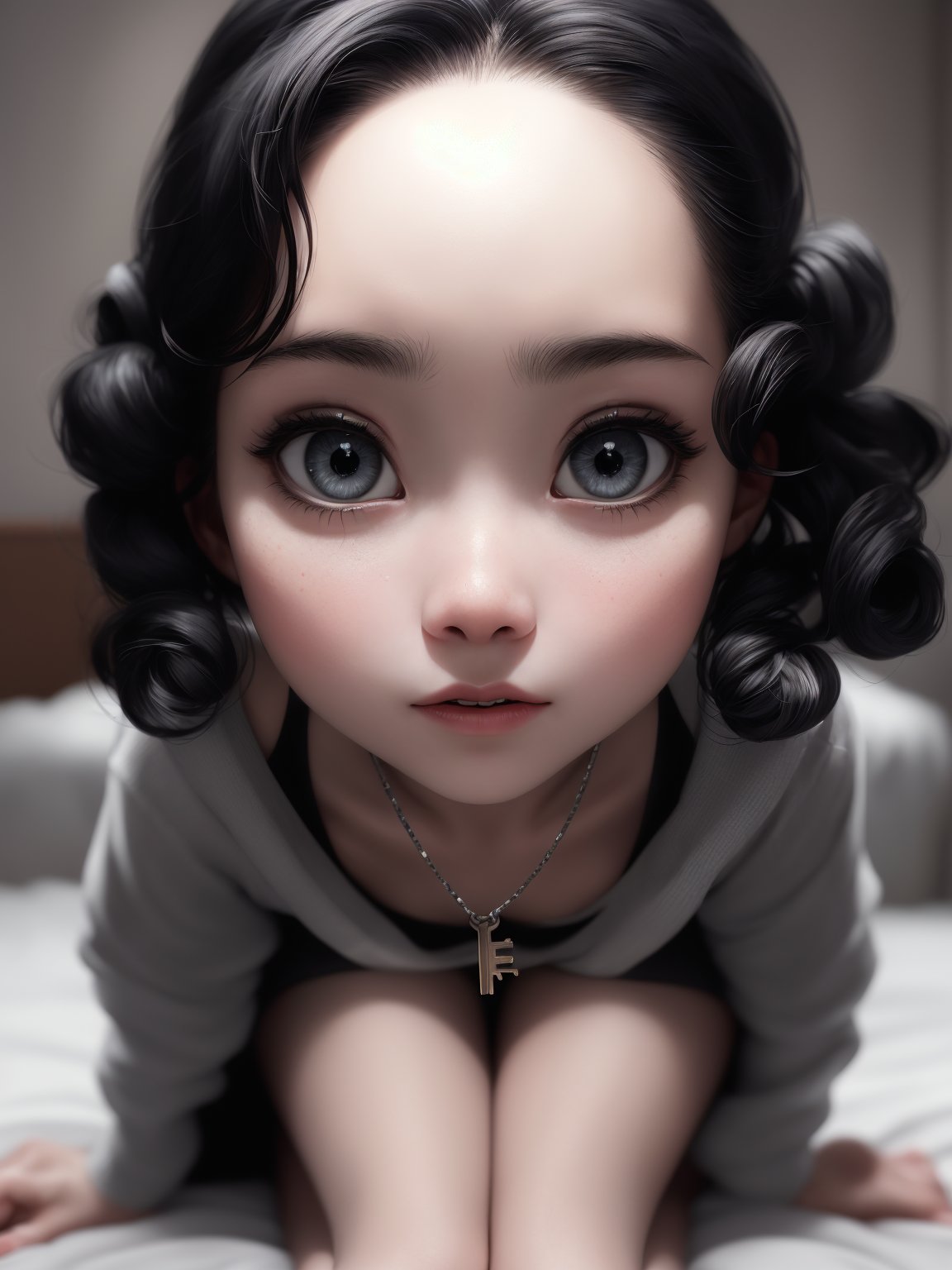 Pictorialist-style photograph of a beautiful 21-year-old Korean woman with a perfect face, and big eyes sitting on her bed and shaving her leg with a Gilette leg shaver. Side view. Sensual, pretty, highly detailed face features, highly detailed skin, fine curly style hair, big eyes, perfect eyes, detailed eyes, detailed pupils, black hair, Ikat petticoat and housecoat. Necklace with a key. Sharp focus, 64k. Masterpiece. Highly detailed. Cluttered maximalism. Rembrandt lighting. High angle. Wide angle. Full body shot. ink