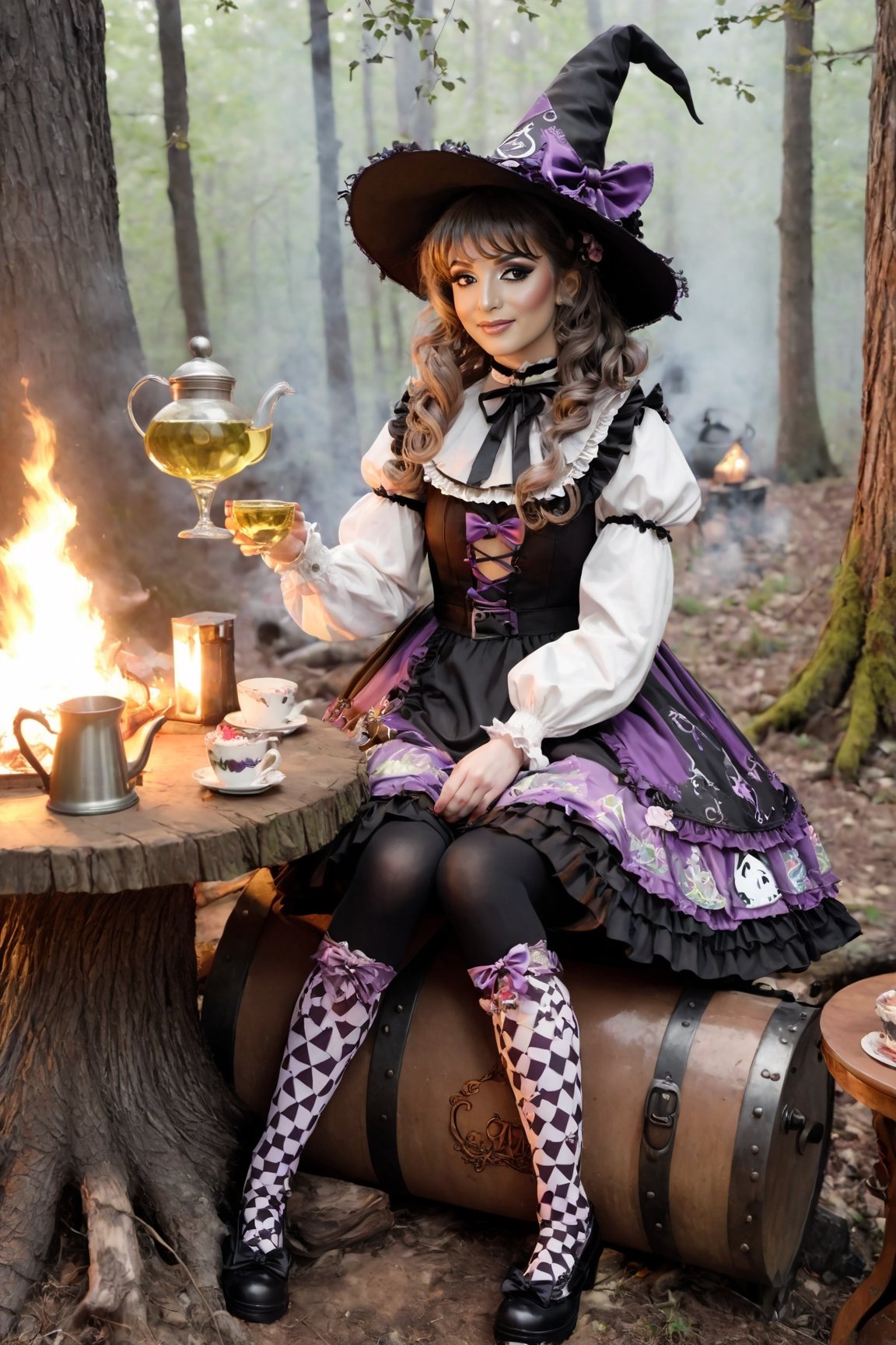 An artistic vision of a witch dressed in sweet Lolita attire sits on a trunk next to a campfire. Witch hat, arm warmers, tights with floral pattern. She drinks white wine. Next to her stands small table with kettle, bottles and cup. Half smile. Dark forest. Disheveled hair. Close-up shot. Cluttered maximalism. Low-key lighting. High angle. Photorealistic. Haunting and ominuous atmosphere. ani_booster,real_booster,Magical Fantasy style