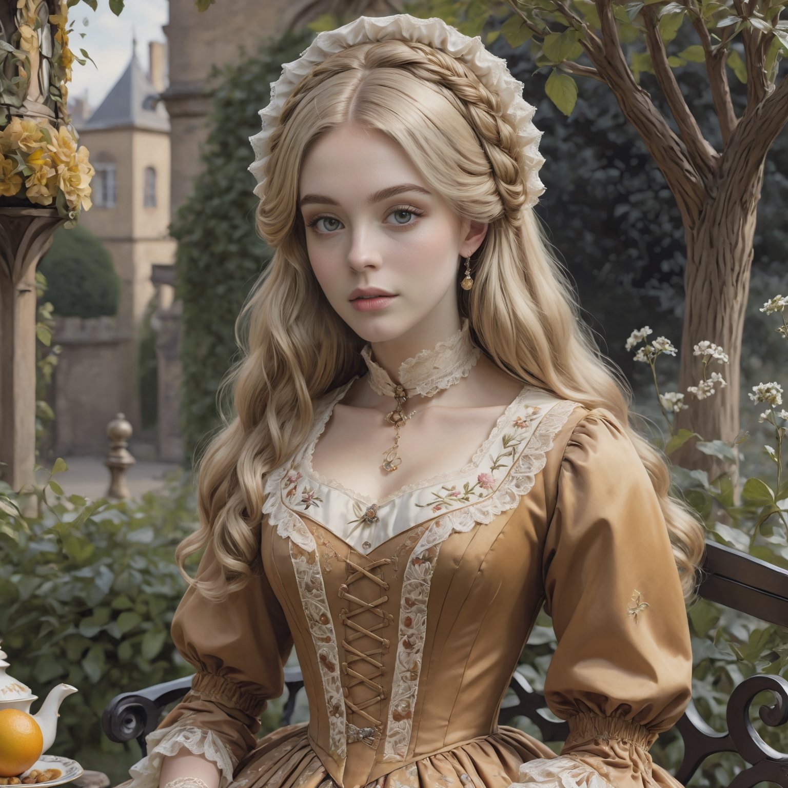 Hyperrealistic art young lady dressed in an ochre Victorian dress embroidered with foliage patterns. Long blonde hair, wavy hair, slightly disheveled, and hair between her eyes. Bonnet, hairnets, and veils. She is sitting on a bench in the garden. Table with a fruit plate. Extremely high-resolution details, photographic, realism pushed to extreme, fine texture, incredibly lifelike. Cluttered maximalism. Womancore. Dusk. High angle. Practical lighting. Masterpiece. ,lolita_dress,ani_booster,real_booster,Victorian,,