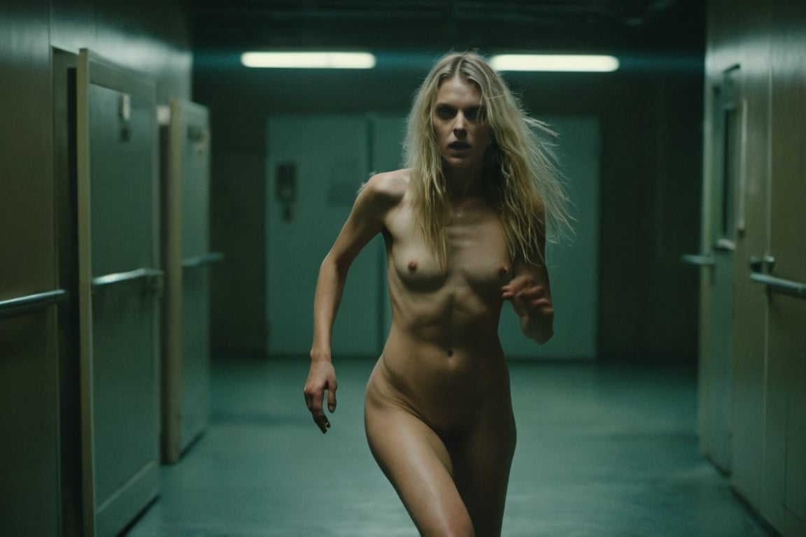 RAW candid cinema, movie still, analog photo, beautiful blond naked woman, perfect body, pale skin, long strong legs, tiny waist,  running away from a ((zombie)), mysterious dark sci fi medical lab interior with monsters, horror, epic, white silky hair, mesmerizing beauty, distant future, 35mm, f/1.6, sharp focus, bokeh, (ultra realistic), remarkable detailed pupils, subsurface scattering, goosebumps, rim lighting, darkness, ((visible skin detail)), shot with cinematic camera, photo by Alessio Albi, style by John Carpenter, H.R. Giger and Dave Kendal ,   ,  