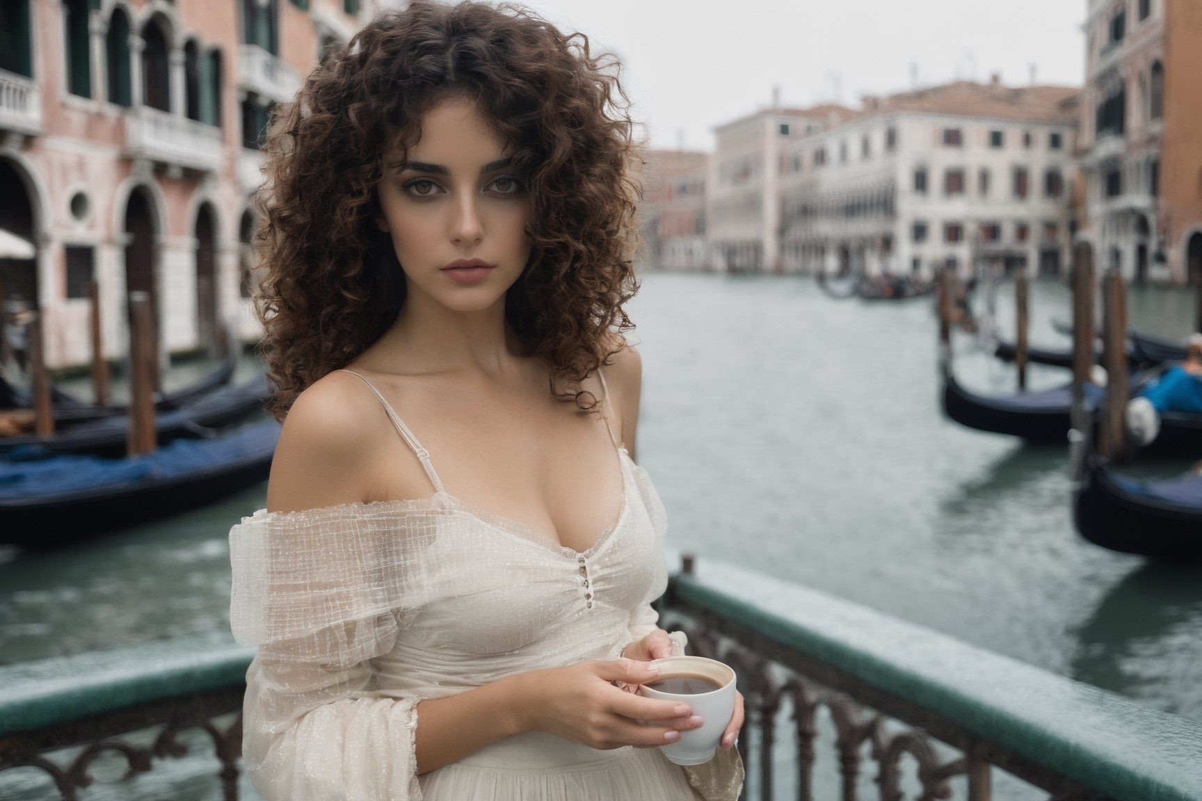 (((rainy day))) ((manara skirt)) raw photography, cinematic still, MGM, extremely beautiful dark haired curly, (celestial eyes) ((((wet)))) xxmixgirl light white summer dress taking a coffee in Venice plaza (fine art) in the background canal grande with gondolas