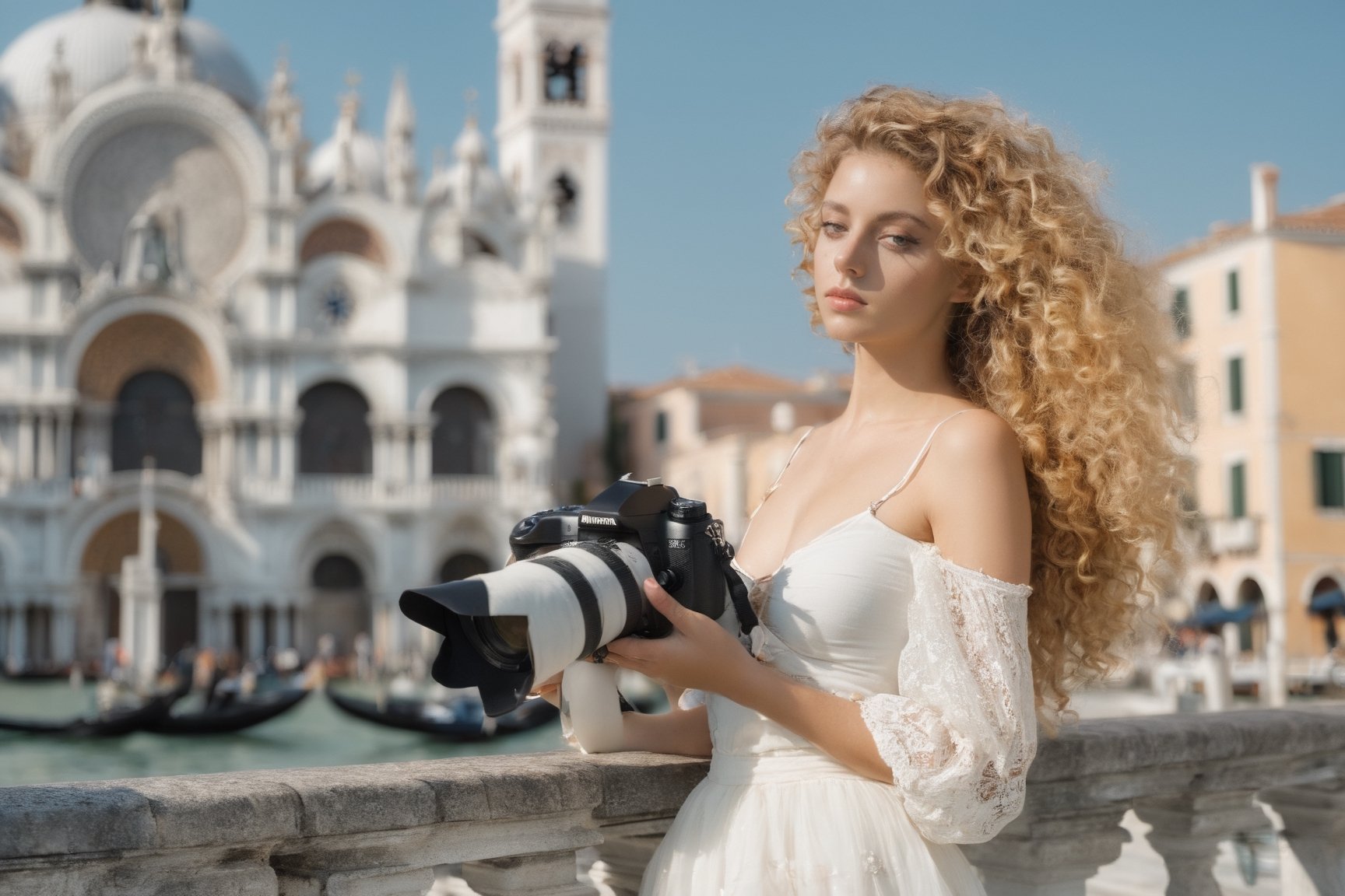 ((manara skirt)) raw photography,(((FROM SIDE))) cinematic still, MGM, extremely beautiful blonde haired curly, (celestial eyes) xxmixgirl (((photographing with camera in her hands))) light white summer dress  in Venice plaza (fine art) in the background San Marco's church with pidgeons ((tanlines)) 