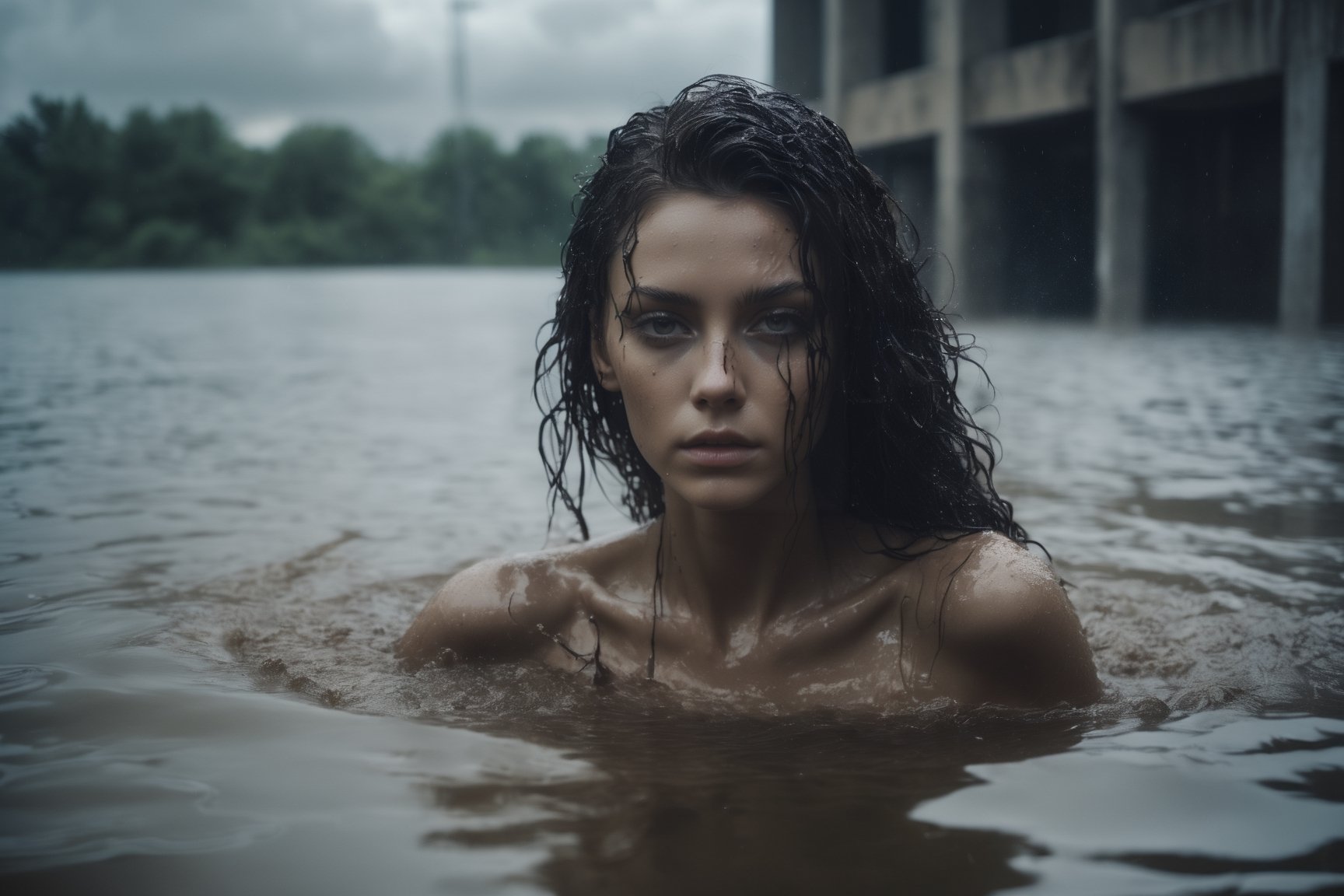 raw photography, cinematic still, MGM, extremely beautiful naked xxmixgirl swimming in dirty water, (((storm))), alien abduction, alien attack, brutalist design background, hell, 