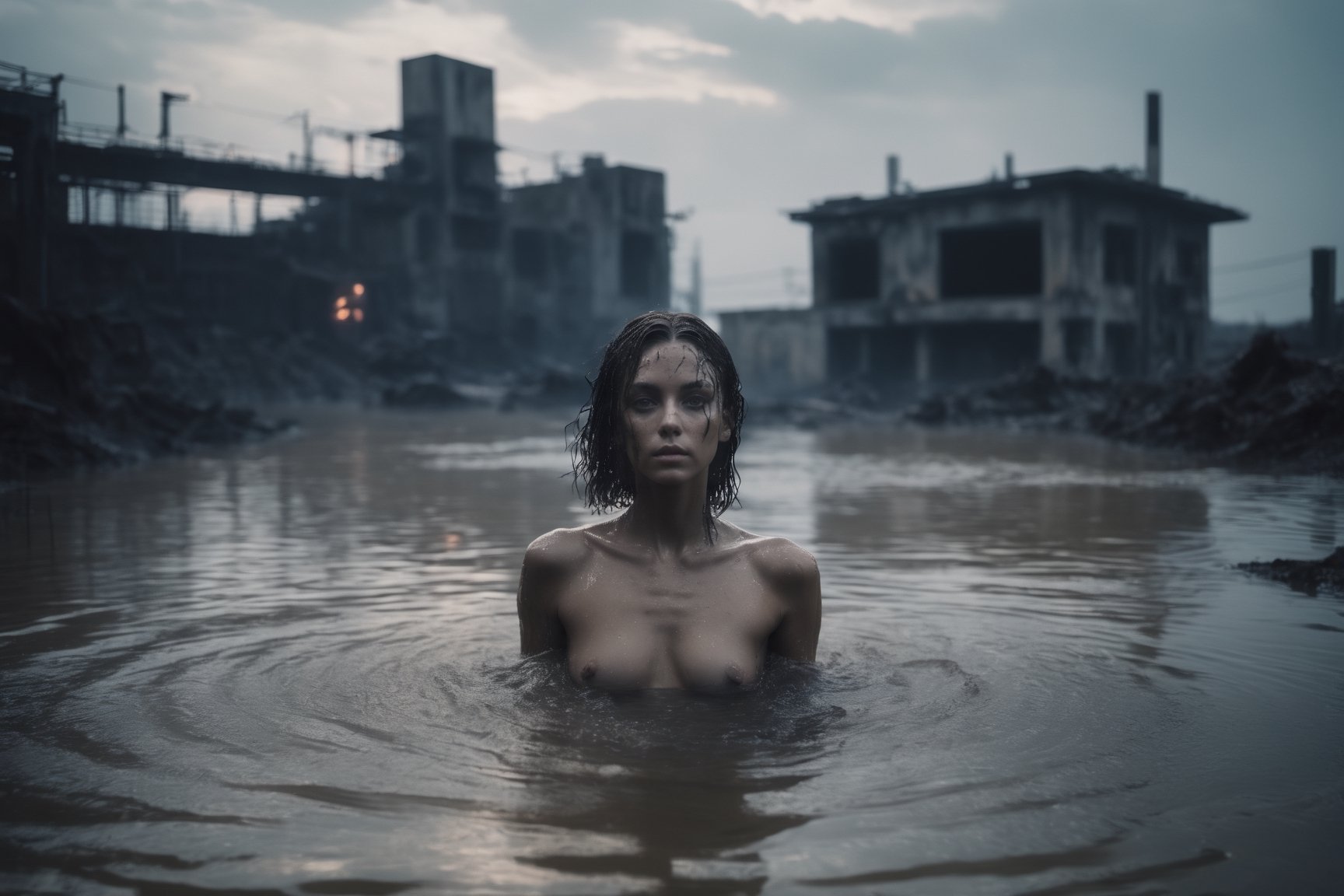 raw photography, cinematic still, MGM, extremely beautiful naked xxmixgirl swimming in dirty water, (((apocalypse in the sky))), alien abduction, alien attack, brutalist design background, hell, 