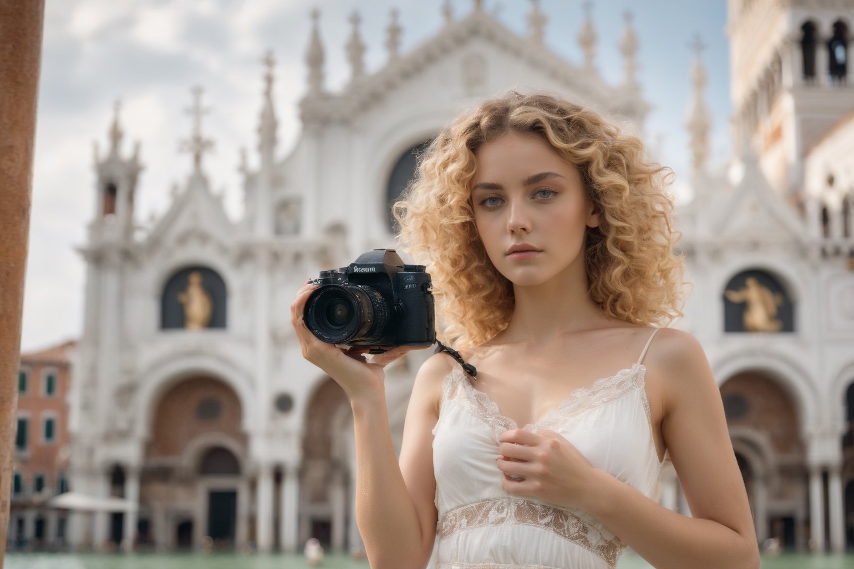 ((((rain)))) ((manara skirt)) raw photography, cinematic still, MGM, extremely beautiful blonde haired curly, (celestial eyes) xxmixgirl (((photographing with camera in her hands))) light white summer dress  in Venice plaza (fine art) in the background San Marco's church with pidgeons ((tanlines)) 