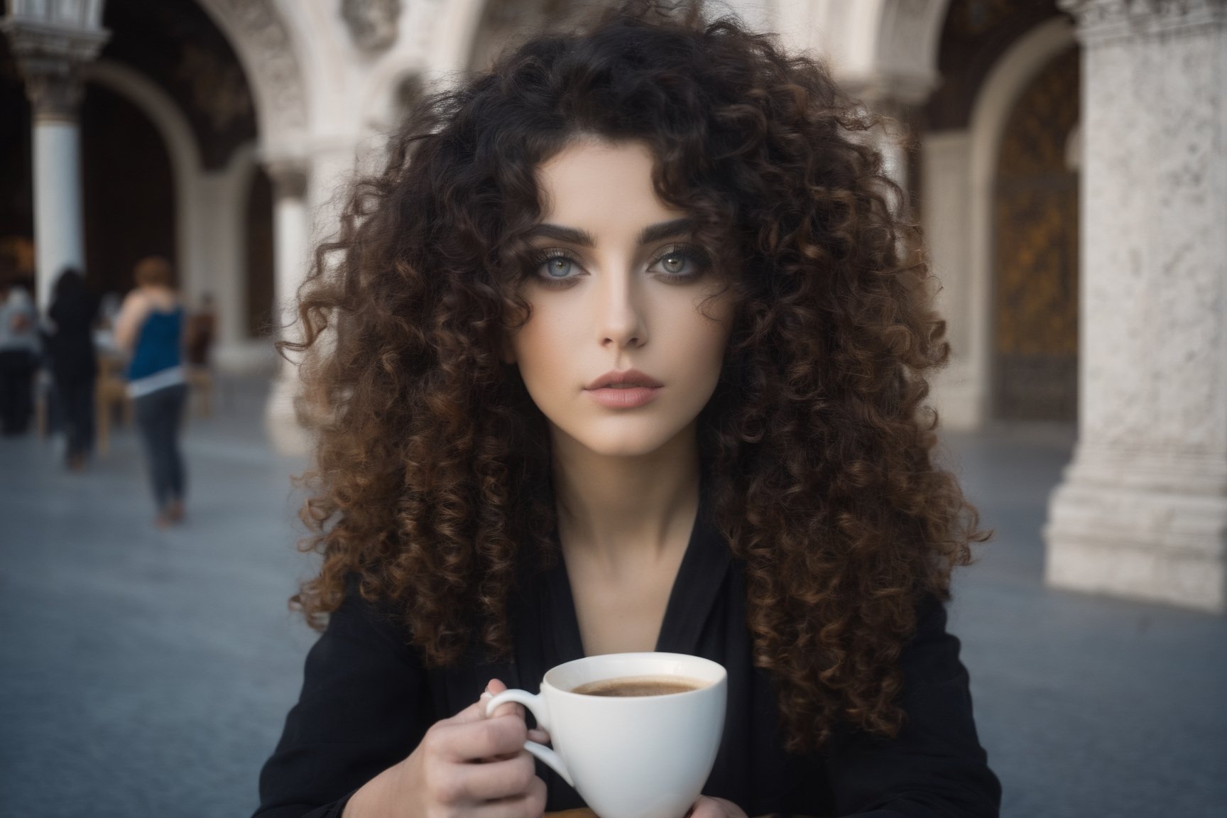 ((manara)) raw photography, cinematic still, MGM, extremely beautiful dark haired curly, (celestial eyes) xxmixgirl taking a coffee in Venice plaza (fine art)