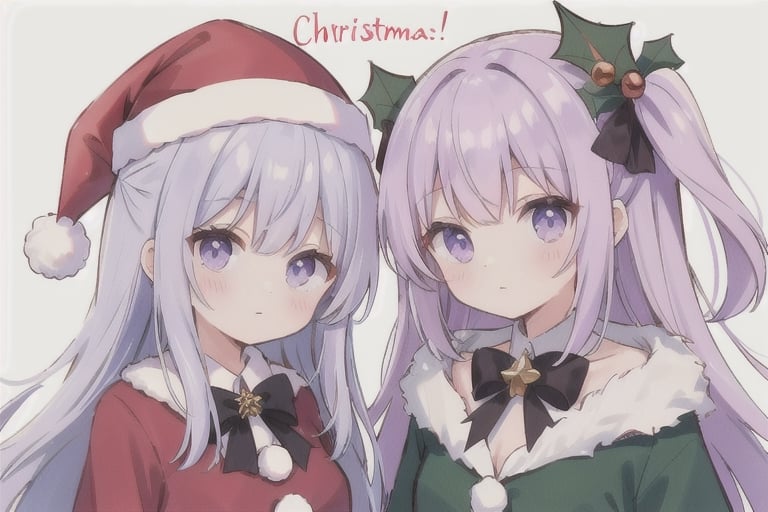 light purple hair, two_side_up, wearing closed mouth,  christmas_hat