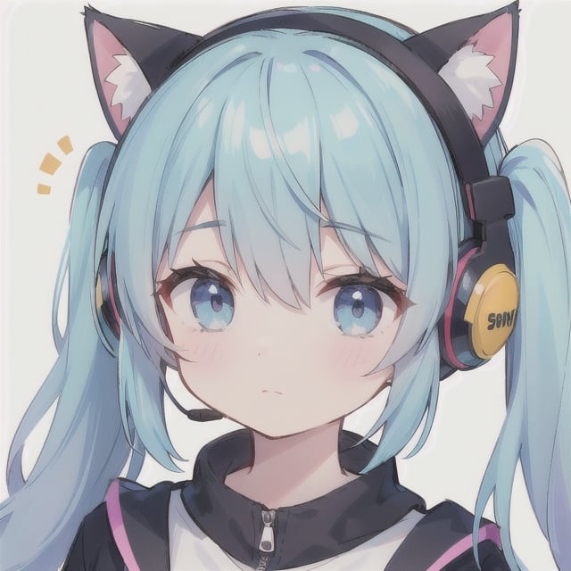 skyblue hair, low_twintails, wearing cat headphone, closed mouth, face only, looking front