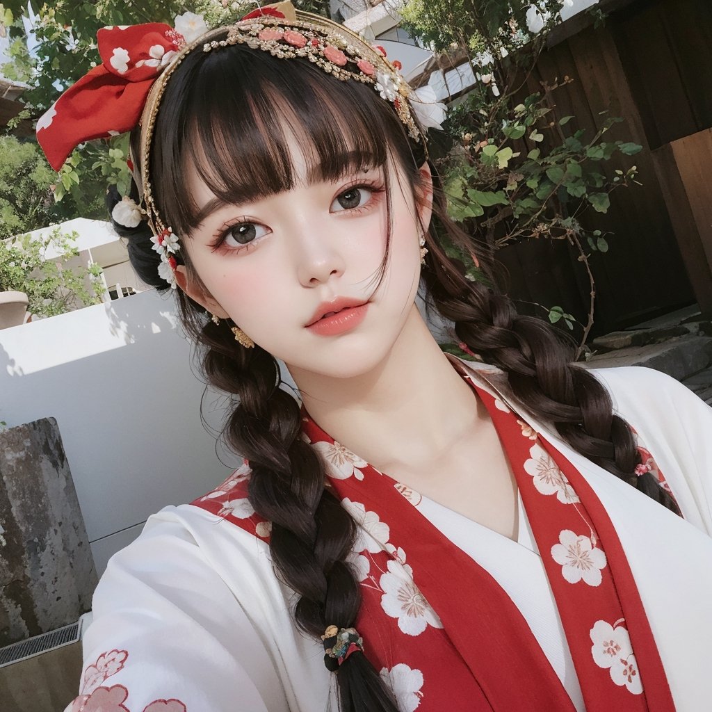 banghair, kimono, white, red