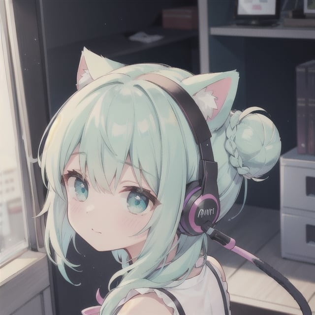 mint hair, double_bun, wearing cat headphone, closed mouth, face only, looking front