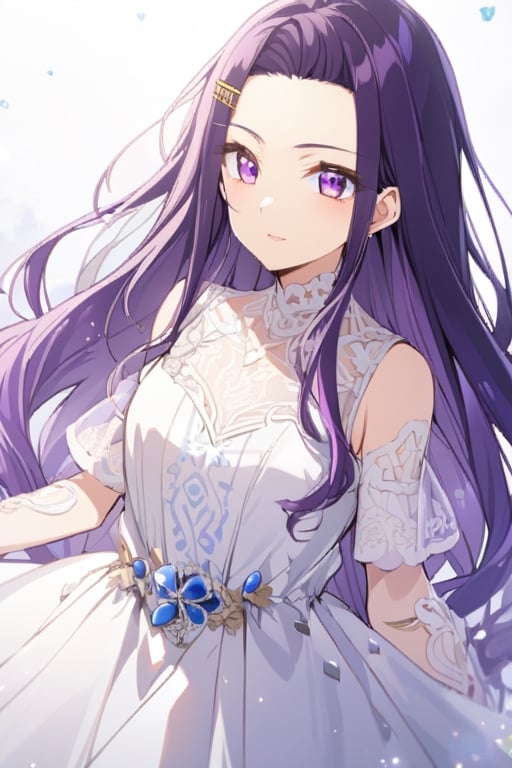 sayuri akino, long hair, hair ornament, hairclip, purple hair, purple eyes, forehead, dress