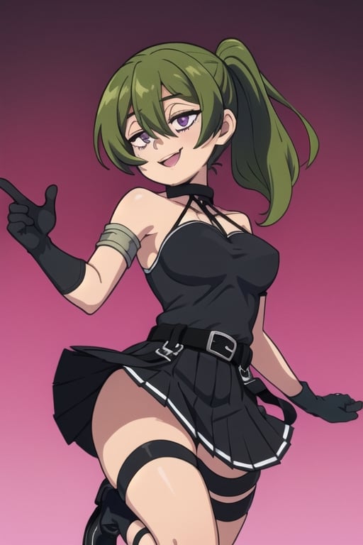 Ubel,skirt, medium hair, hair between eyes, green hair, side ponytail,purple eyes, gloves, dress, bare shoulders, pleated skirt, sleeveless, black gloves, elbow gloves, belt, miniskirt, black skirt, black footwear, (black dress, thigh strap, sleeveless dress, halterneck, armband, single glove, black belt, pleated dress, arm strap, happy_face