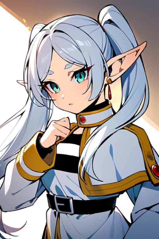 base: frieren, 1girl, earrings, elf, long hair, pointy ears, solo, twintails, green eyes, earrings, white hair, white capelet, white sleeves, long sleeves, big_boobies