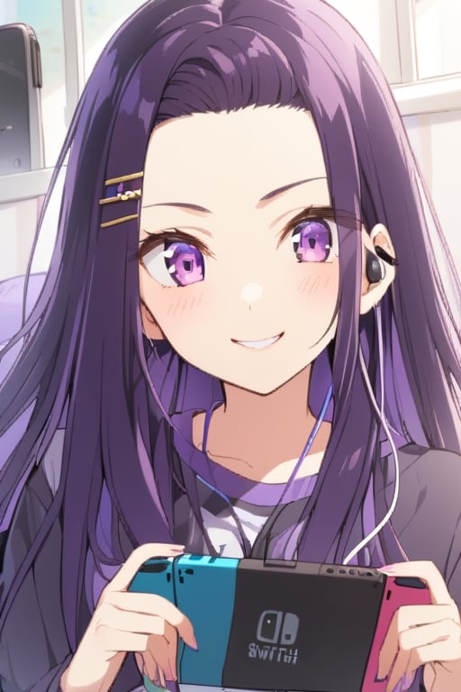 sayuri akino, long hair, hair ornament, hairclip, purple hair, purple eyes, forehead, earphones, nintendo_switch, happy_face