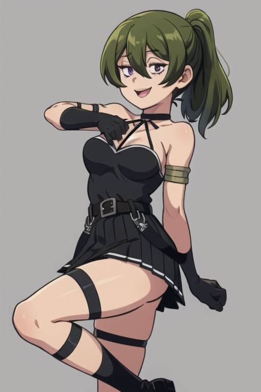 Ubel,skirt, medium hair, hair between eyes, green hair, side ponytail,purple eyes, gloves, dress, bare shoulders, pleated skirt, sleeveless, black gloves, elbow gloves, belt, miniskirt, black skirt, black footwear, (black dress, thigh strap, sleeveless dress, halterneck, armband, single glove, black belt, pleated dress, arm strap, happy_face