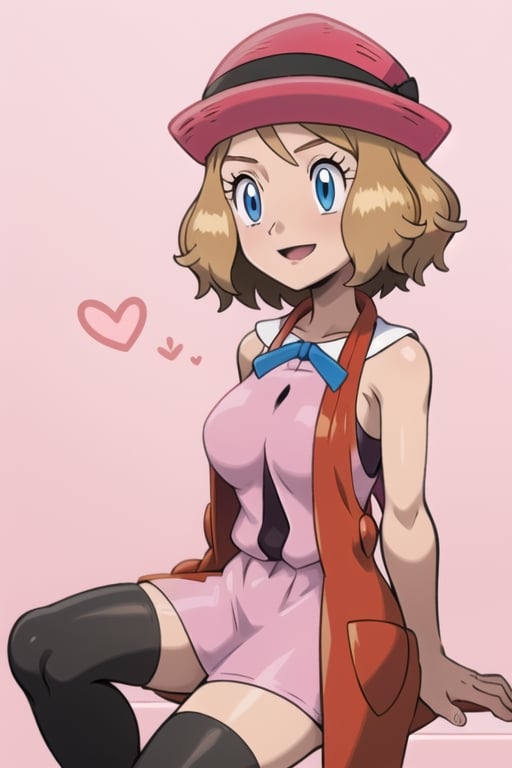 Serena, solo, short hair, pink headwear, eyelashes, blue eyes, neck ribbon, blue ribbon, (pink dress:1.2), sleeveless, bare arms, pink skirt, black thighhighs, happy_face, big_boobies